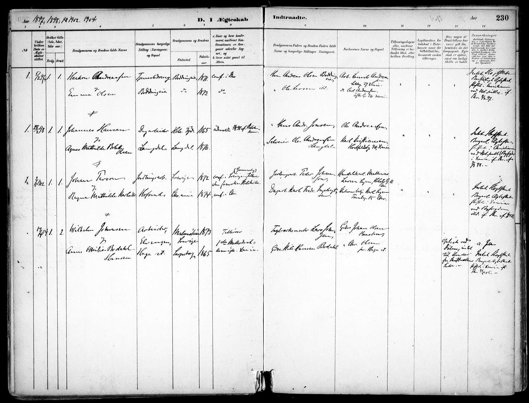 Nes prestekontor Kirkebøker, AV/SAO-A-10410/F/Fc/L0002: Parish register (official) no. IIi 2, 1882-1916, p. 230