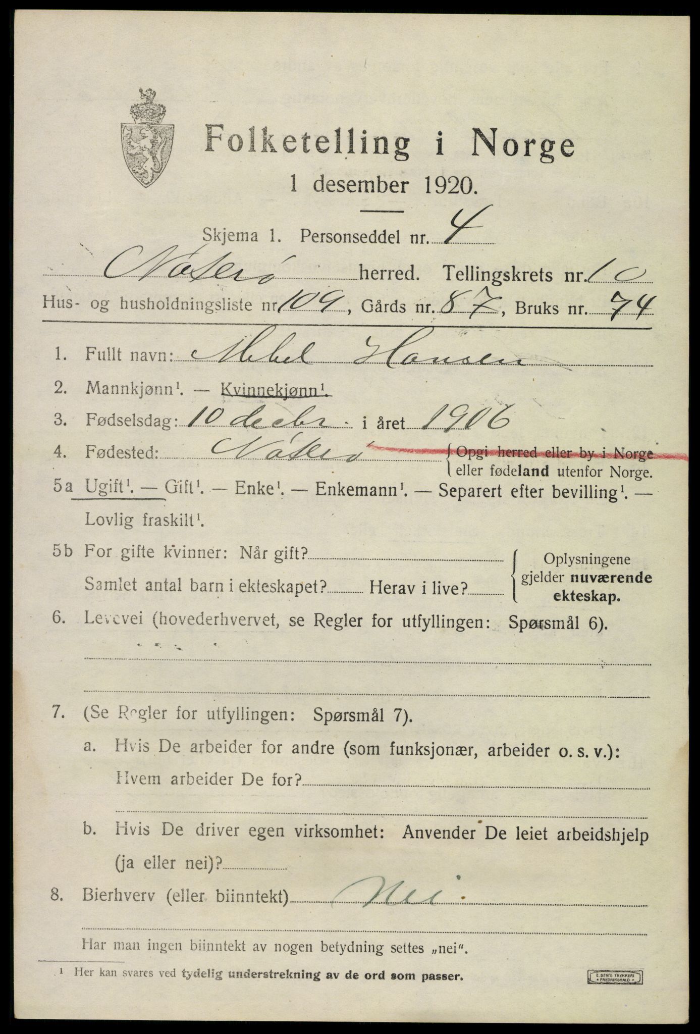 SAKO, 1920 census for Nøtterøy, 1920, p. 13491