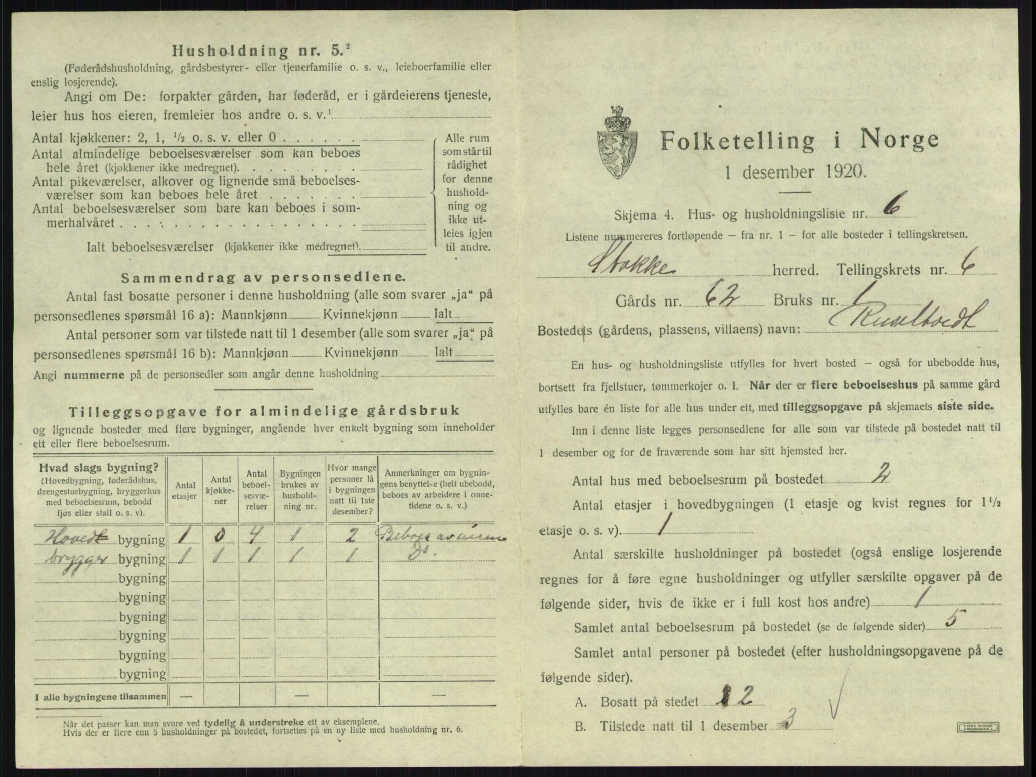 SAKO, 1920 census for Stokke, 1920, p. 1110