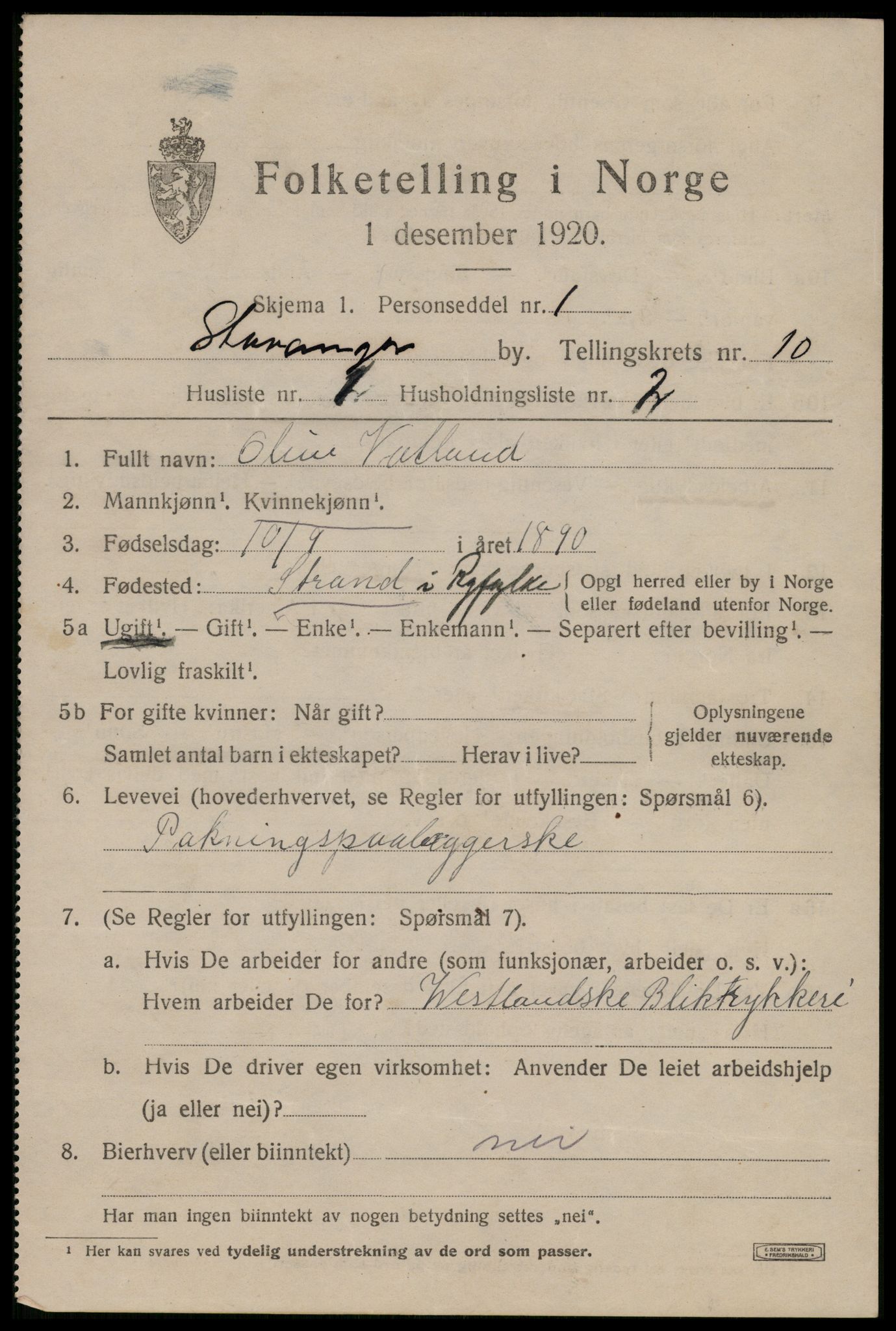 SAST, 1920 census for Stavanger, 1920, p. 51546