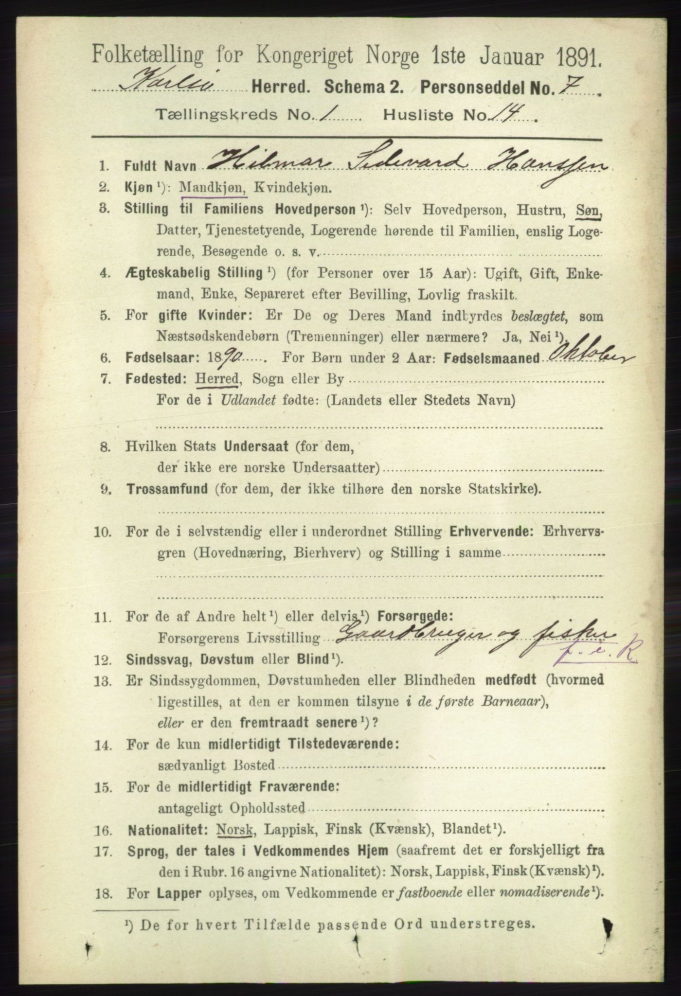RA, 1891 census for 1936 Karlsøy, 1891, p. 140