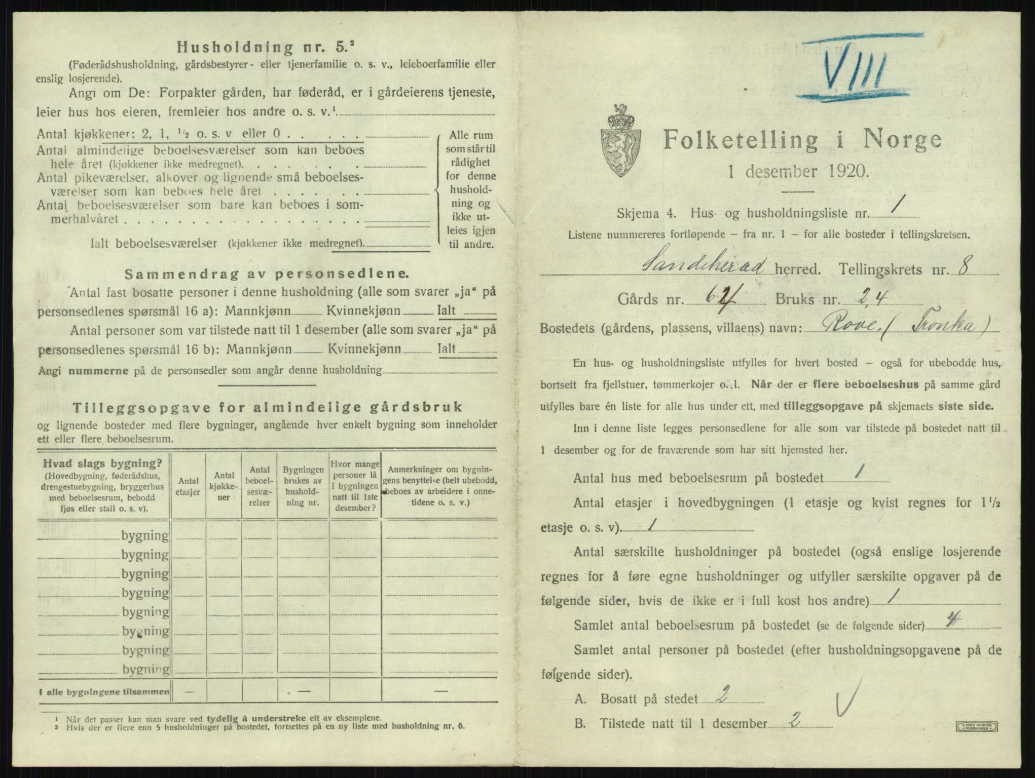 SAKO, 1920 census for Sandeherred, 1920, p. 1594