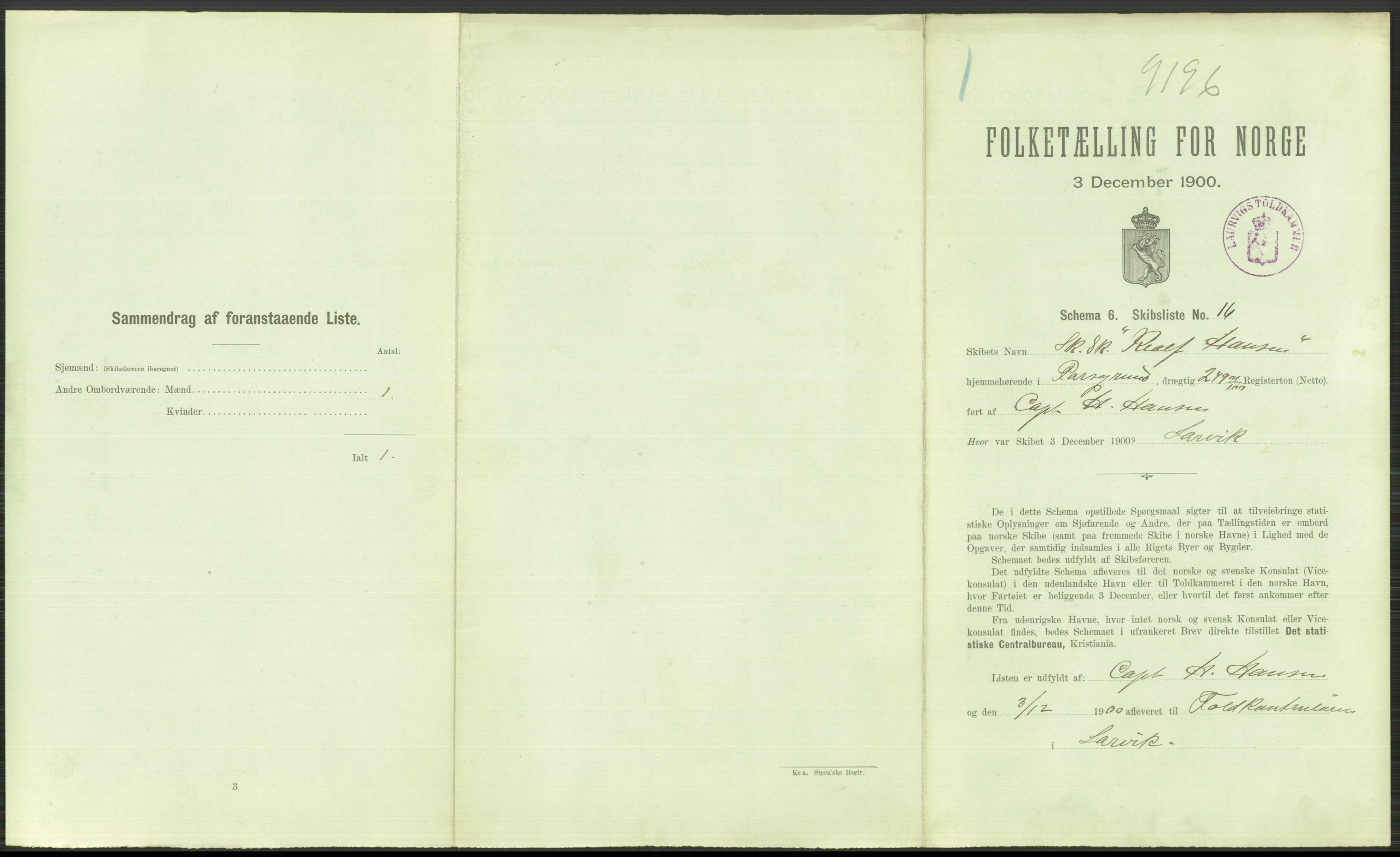 RA, 1900 Census - ship lists from ships in Norwegian harbours, harbours abroad and at sea, 1900, p. 575