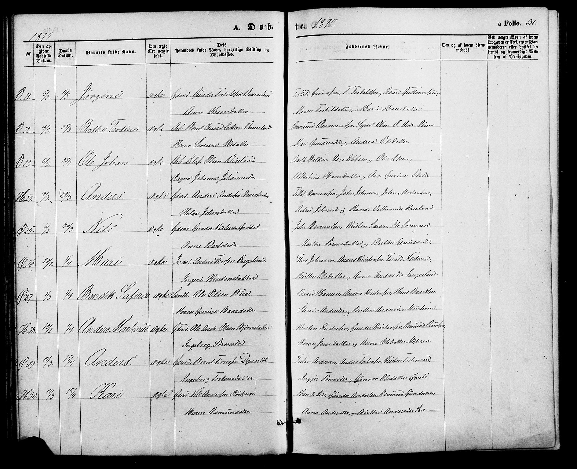 Vennesla sokneprestkontor, AV/SAK-1111-0045/Fa/Fac/L0008: Parish register (official) no. A 8, 1874-1883, p. 31