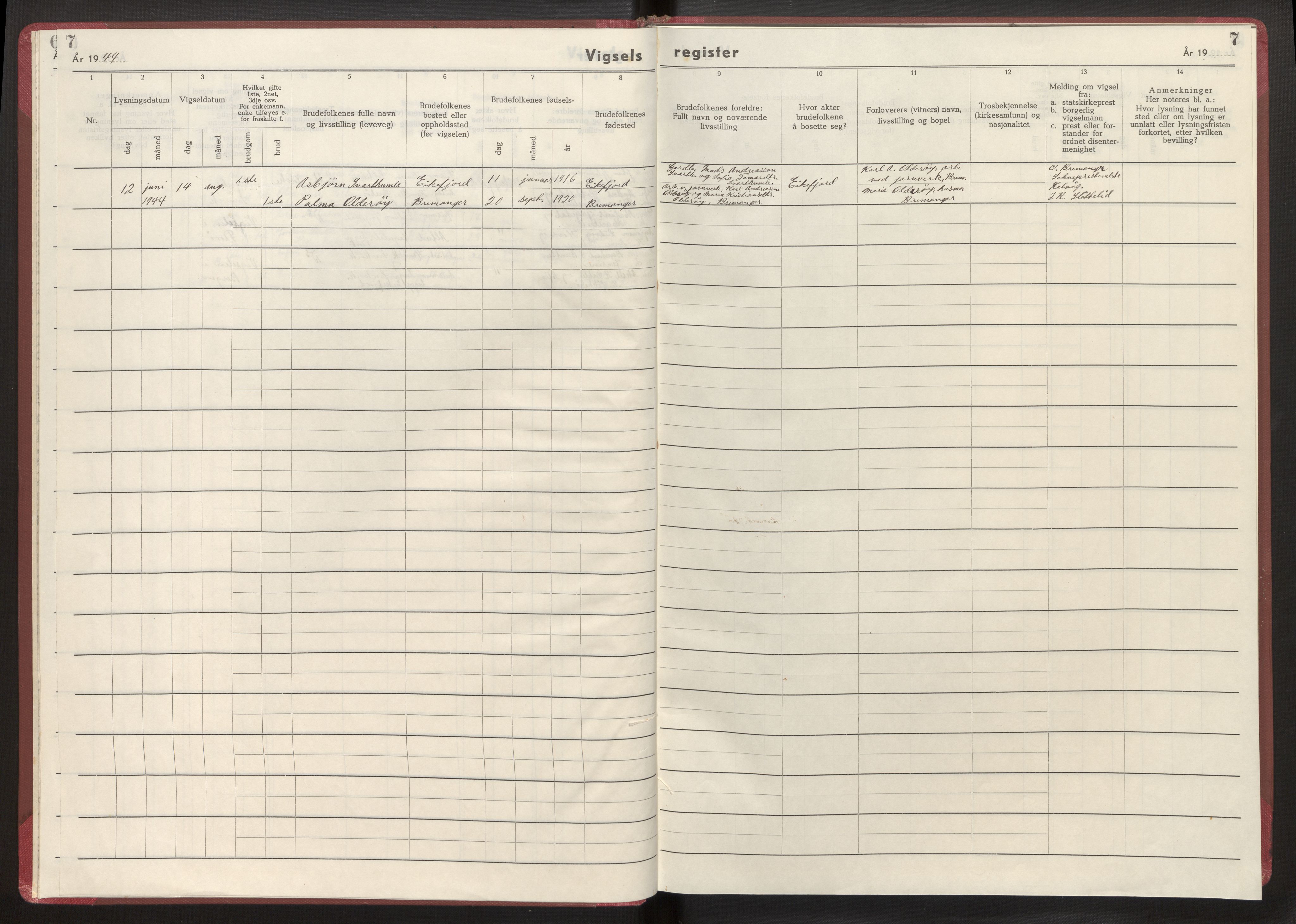 Eikefjord folkeregister (Krigsregister), AV/SAB-A-87201/F/L0002: Vigselsregister, 1942-1944