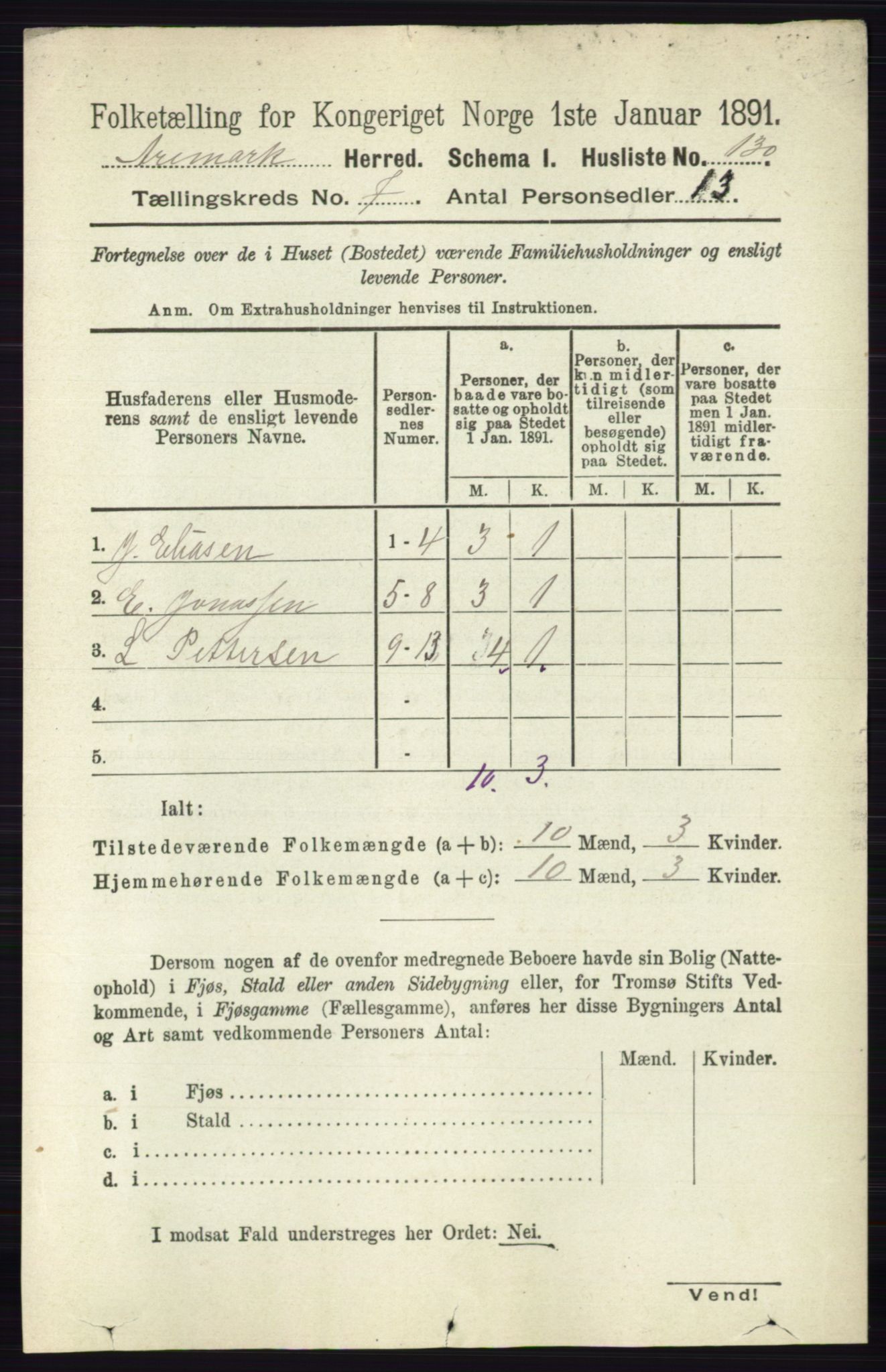 RA, 1891 census for 0118 Aremark, 1891, p. 3892