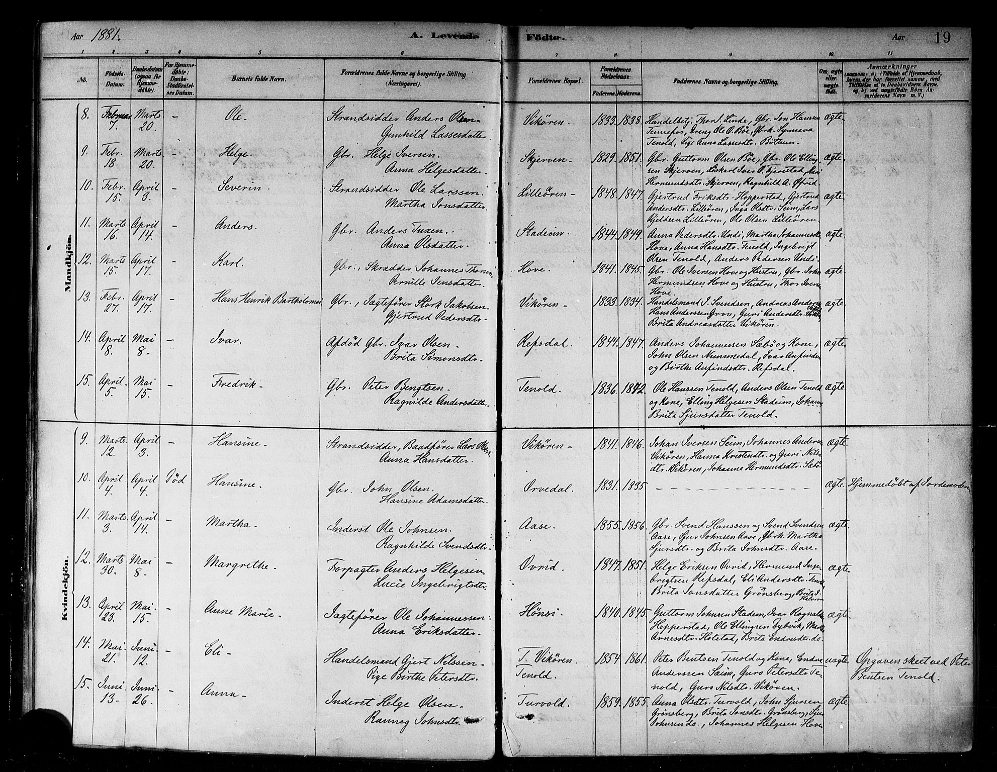 Vik sokneprestembete, SAB/A-81501: Parish register (official) no. B 1, 1878-1890, p. 19