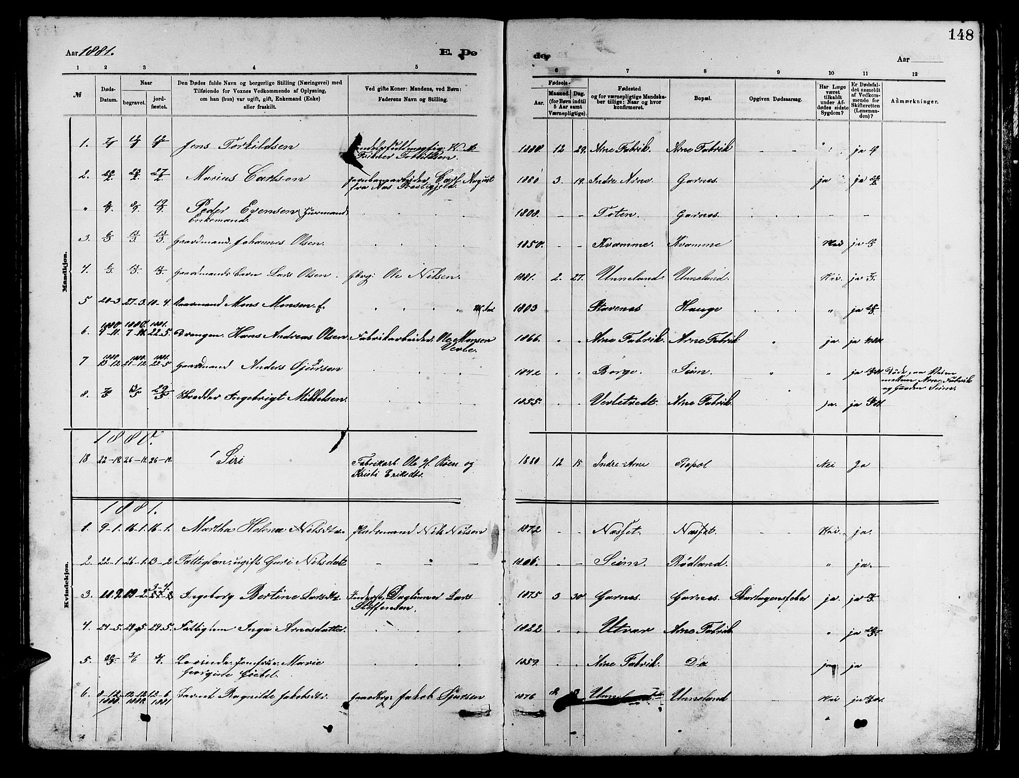 Arna Sokneprestembete, SAB/A-74001/H/Ha/Hab: Parish register (copy) no. A 2, 1878-1887, p. 148