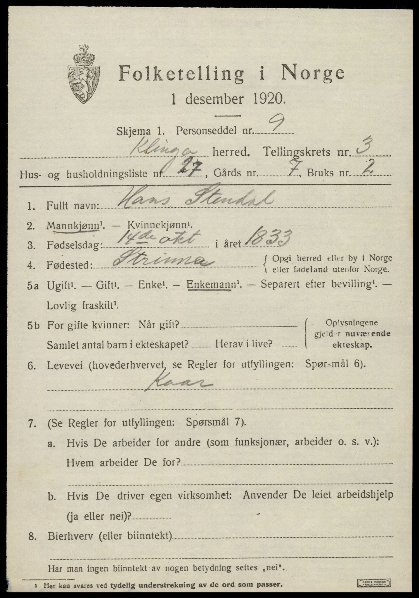 SAT, 1920 census for Klinga, 1920, p. 2403