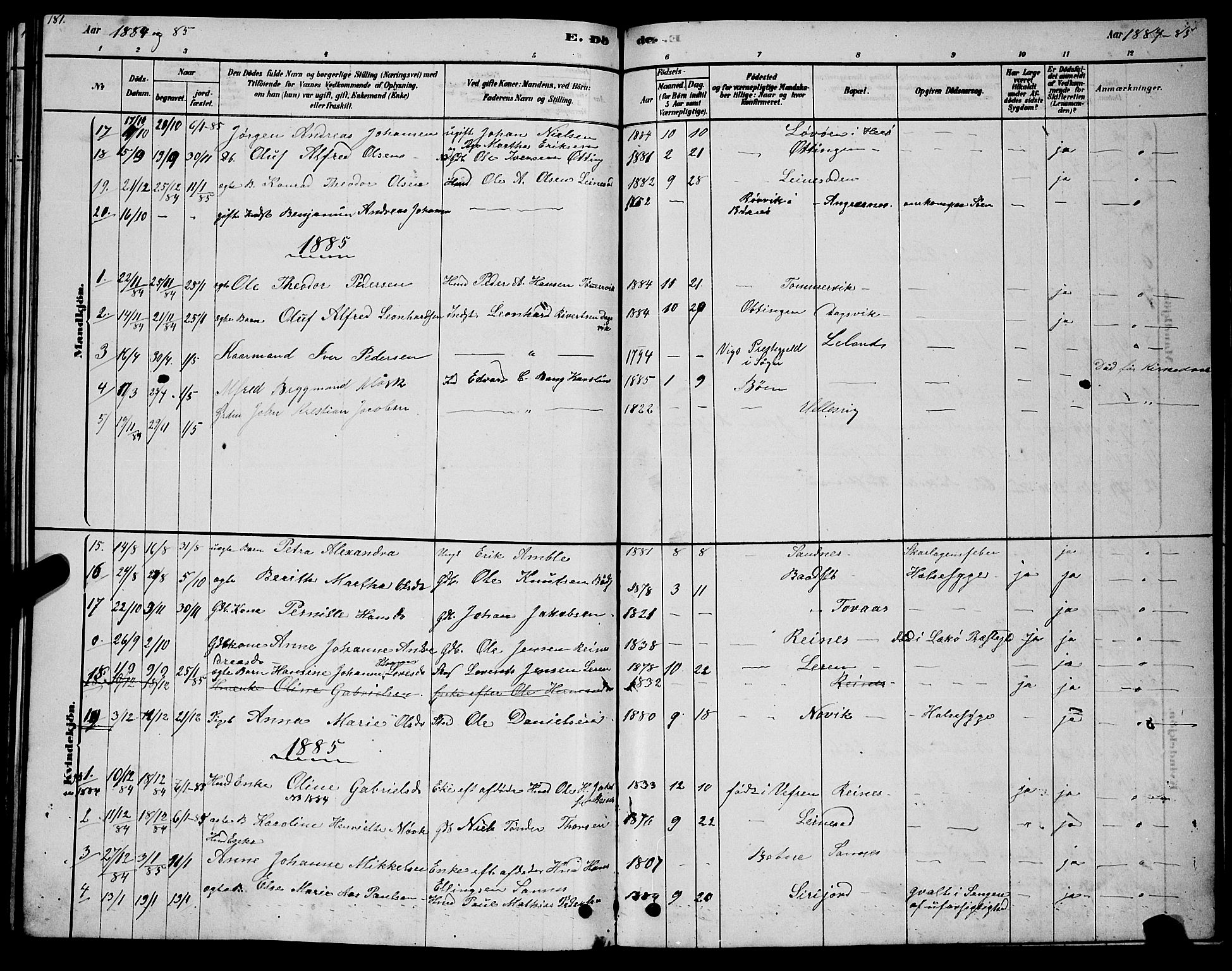 Ministerialprotokoller, klokkerbøker og fødselsregistre - Nordland, SAT/A-1459/831/L0477: Parish register (copy) no. 831C04, 1878-1897, p. 181