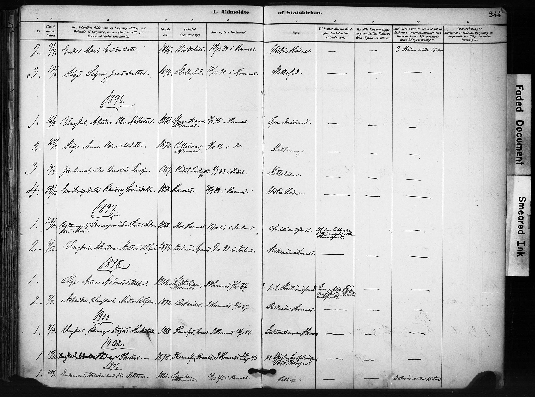 Evje sokneprestkontor, SAK/1111-0008/F/Fa/Fab/L0003: Parish register (official) no. A 3, 1884-1909, p. 244