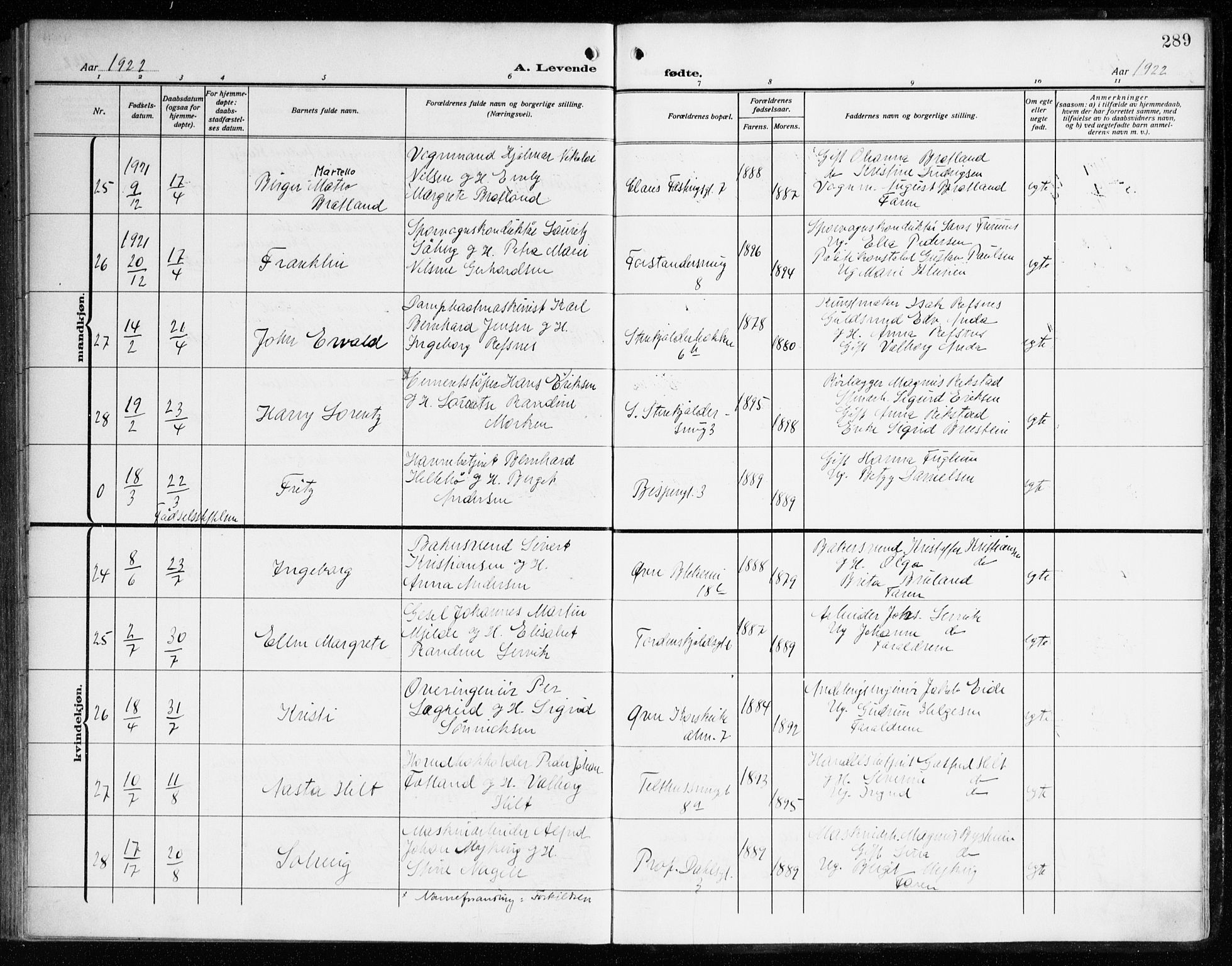 Korskirken sokneprestembete, AV/SAB-A-76101/H/Haa: Parish register (official) no. B 10, 1909-1923, p. 289