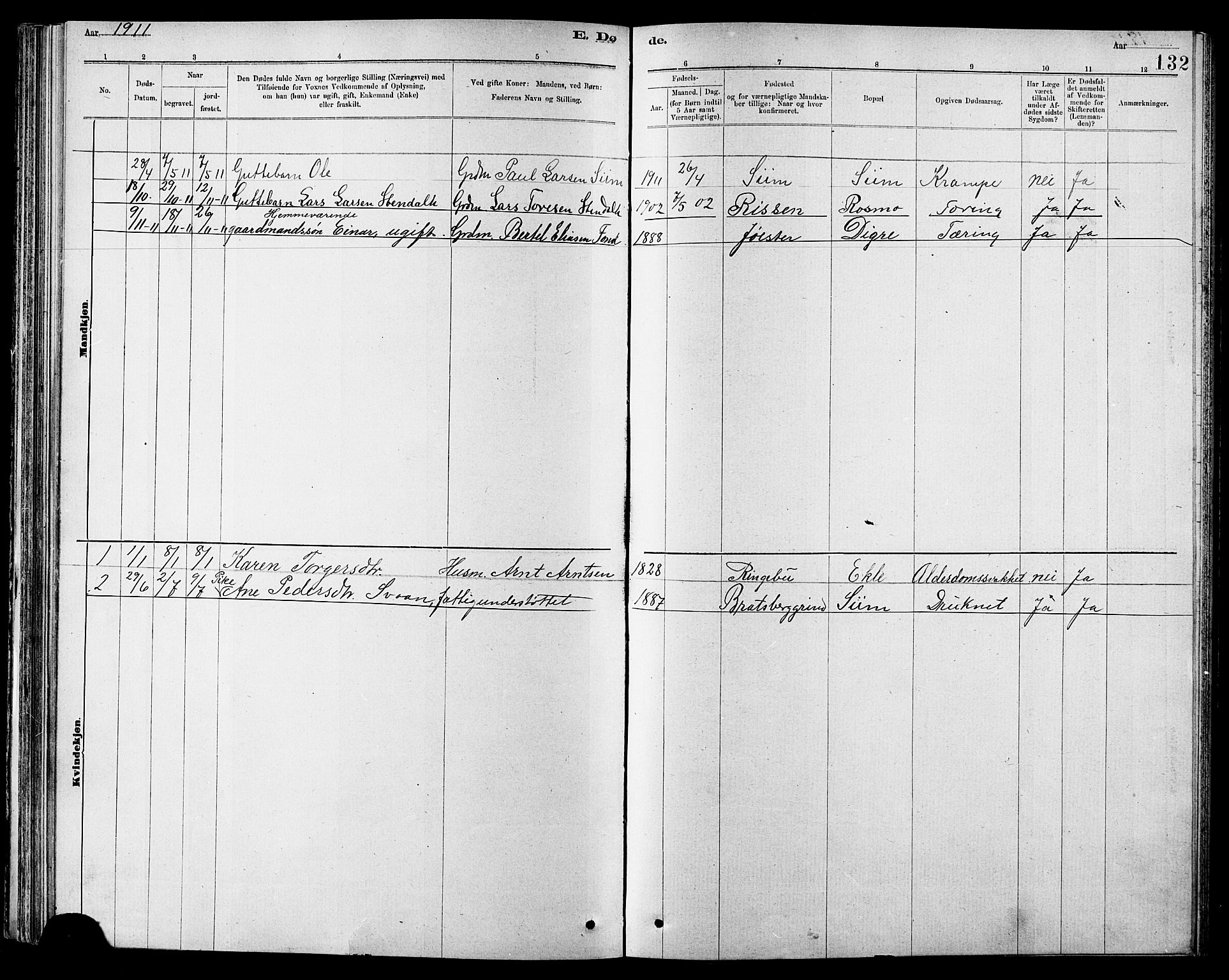 Ministerialprotokoller, klokkerbøker og fødselsregistre - Sør-Trøndelag, SAT/A-1456/608/L0341: Parish register (copy) no. 608C07, 1890-1912, p. 132