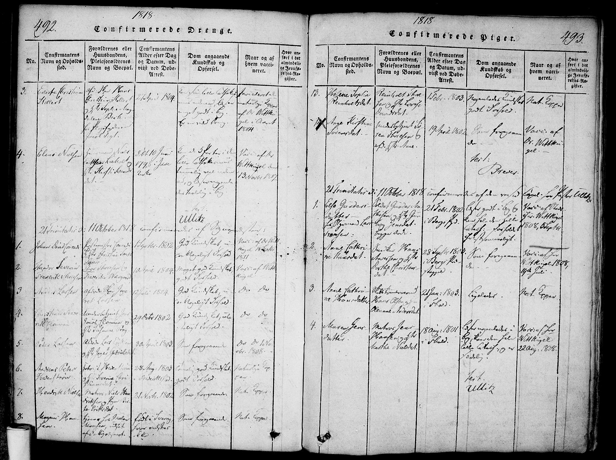 Halden prestekontor Kirkebøker, AV/SAO-A-10909/F/Fa/L0003: Parish register (official) no. I 3, 1815-1834, p. 492-493