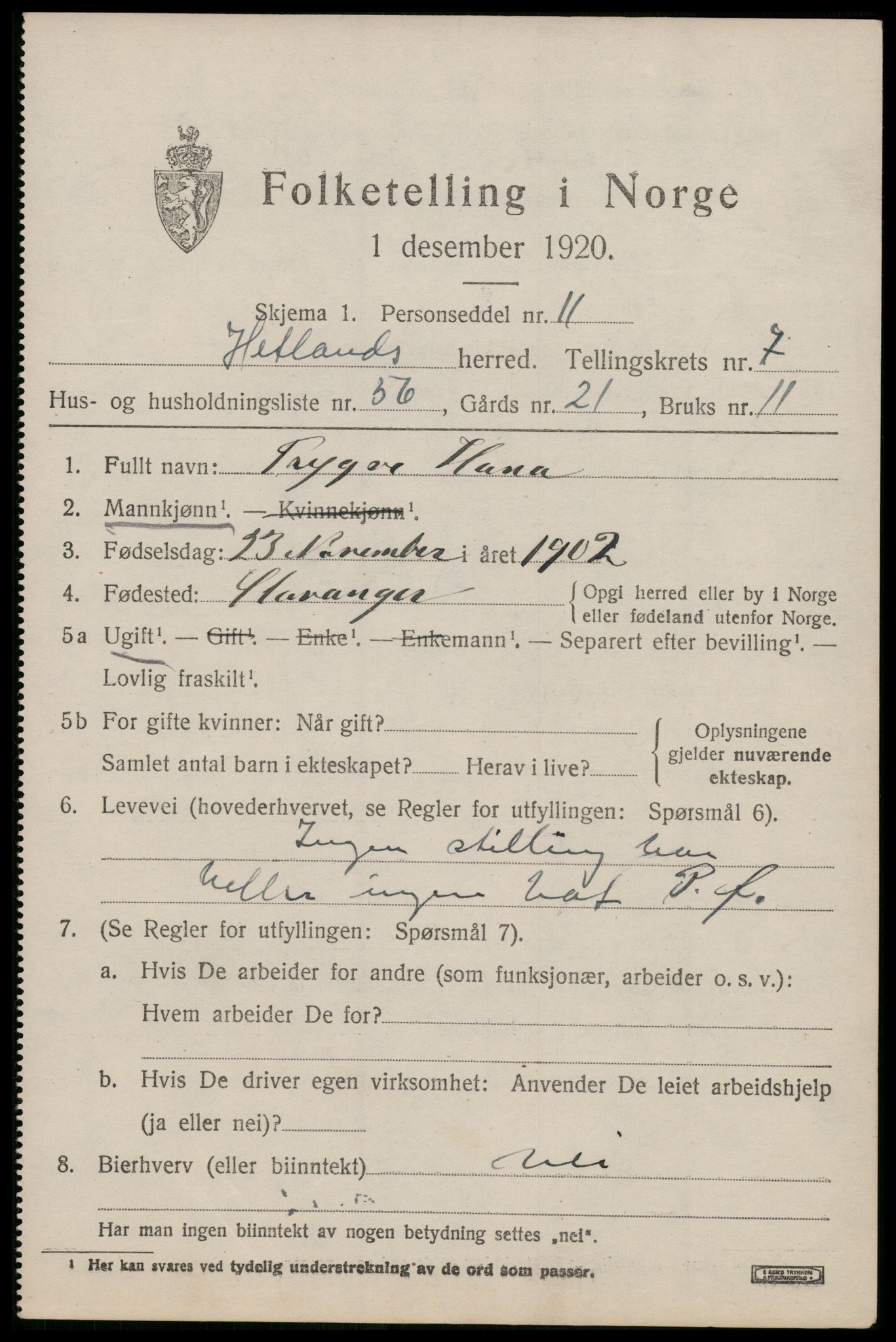 SAST, 1920 census for Hetland, 1920, p. 14675