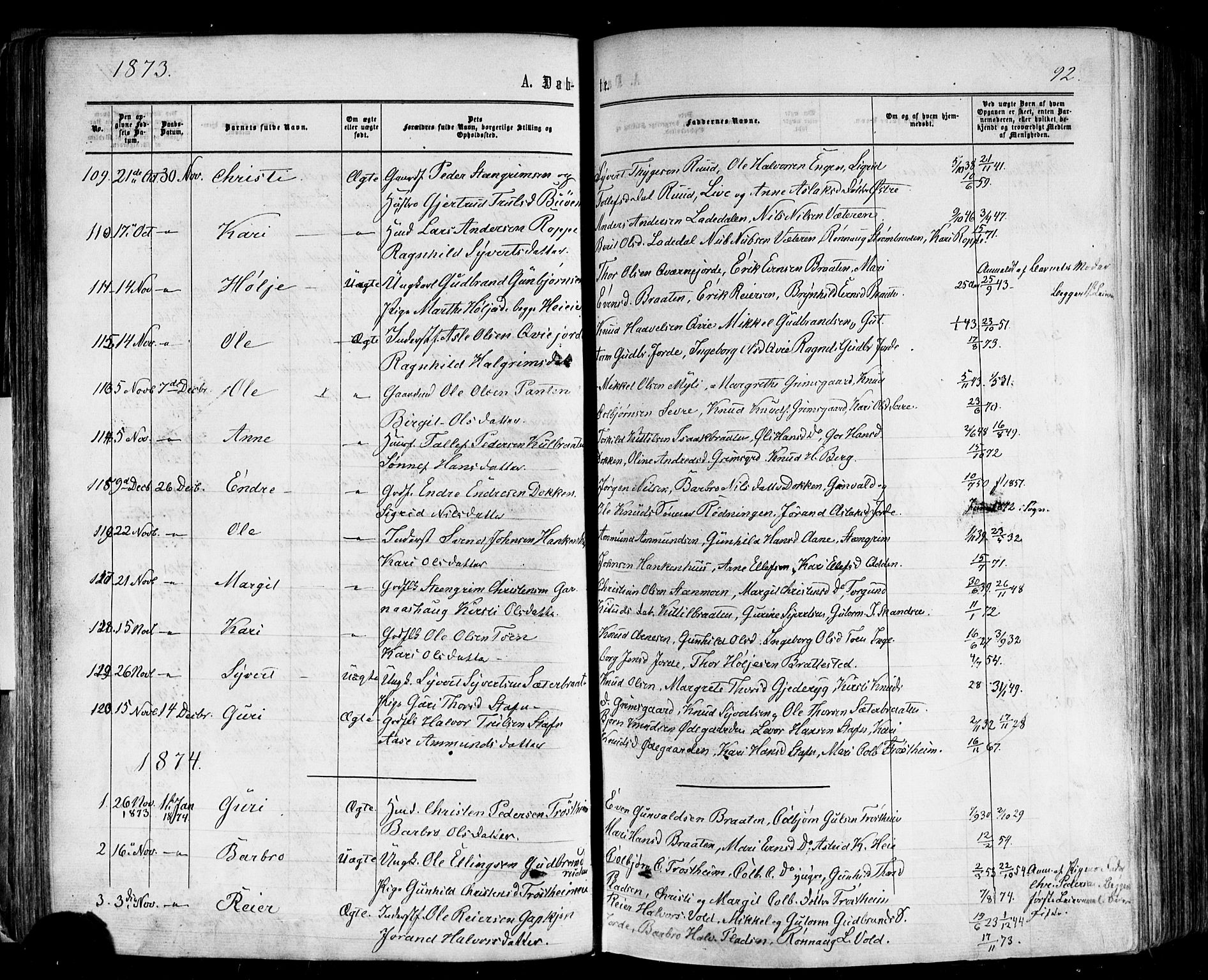 Nes kirkebøker, SAKO/A-236/F/Fa/L0010: Parish register (official) no. 10, 1864-1880, p. 92
