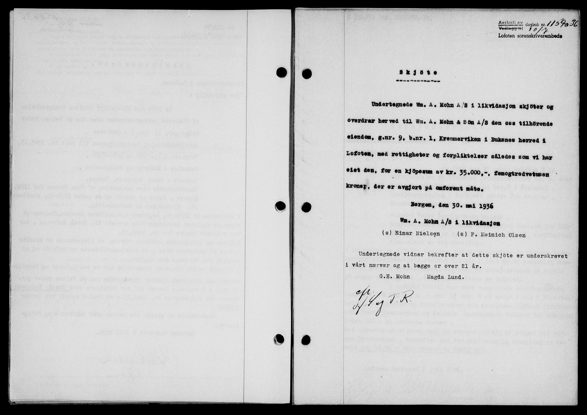 Lofoten sorenskriveri, SAT/A-0017/1/2/2C/L0001a: Mortgage book no. 1a, 1936-1937, Diary no: : 1159/1936