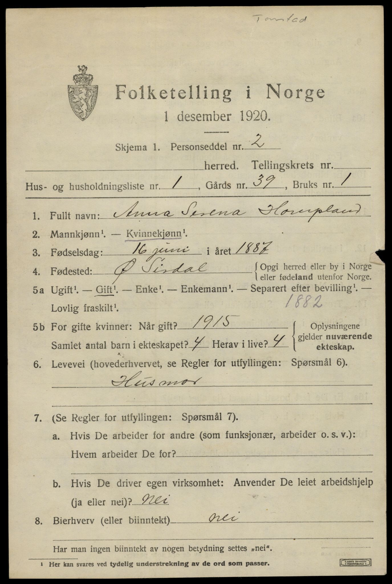 SAK, 1920 census for Tonstad, 1920, p. 994