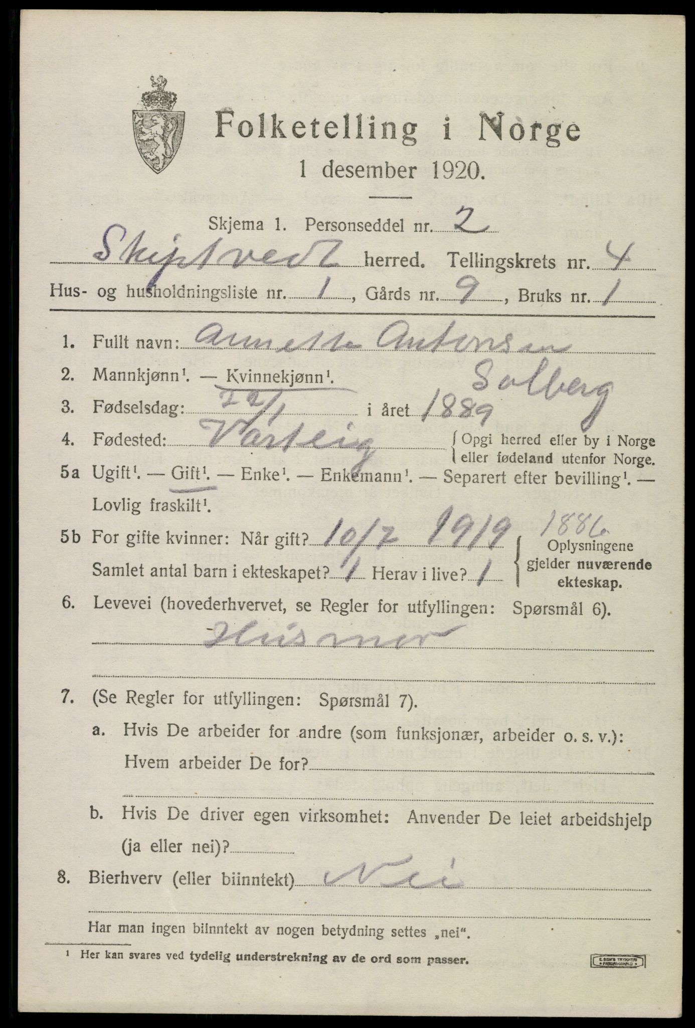 SAO, 1920 census for Skiptvet, 1920, p. 4197