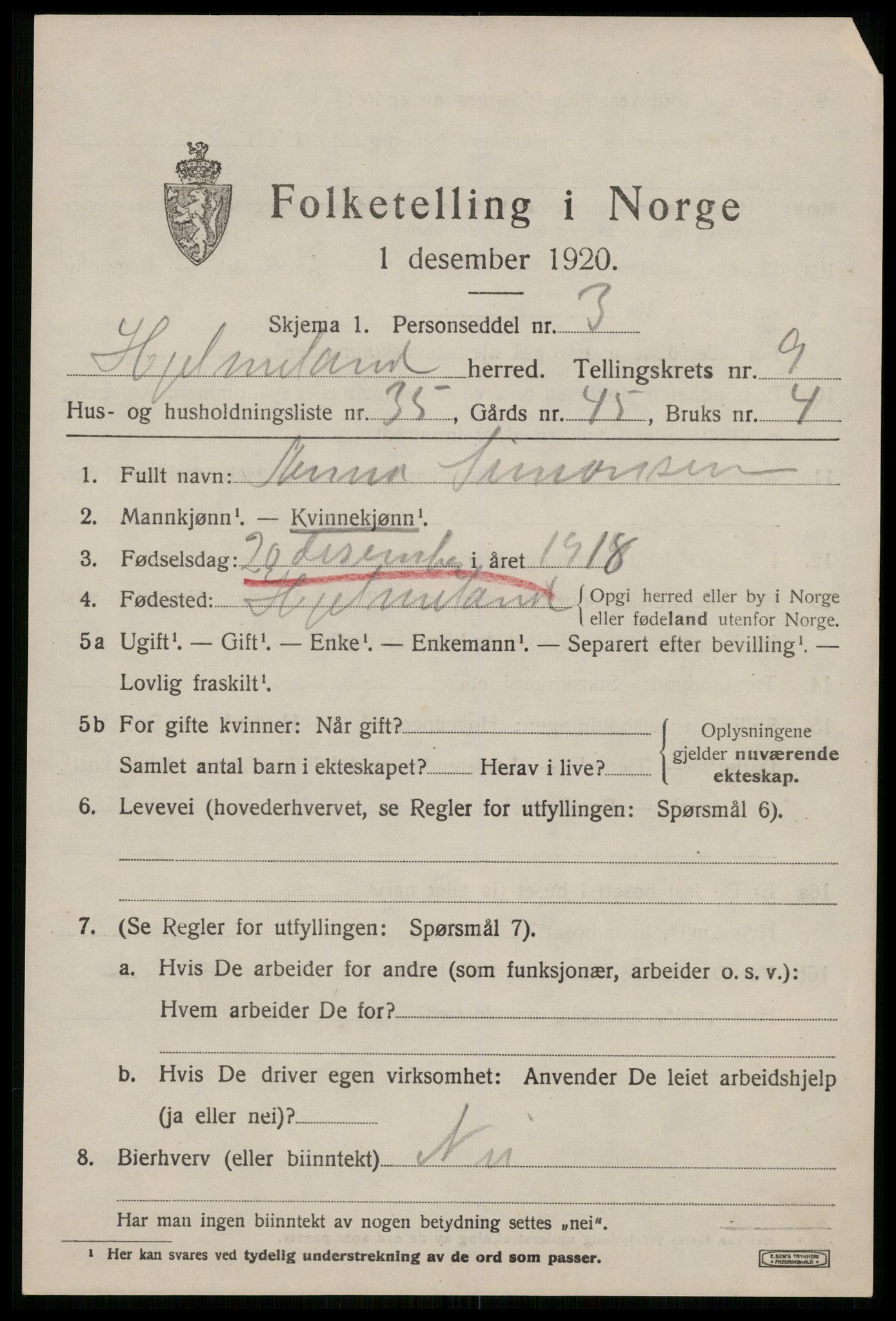 SAST, 1920 census for Hjelmeland, 1920, p. 3119