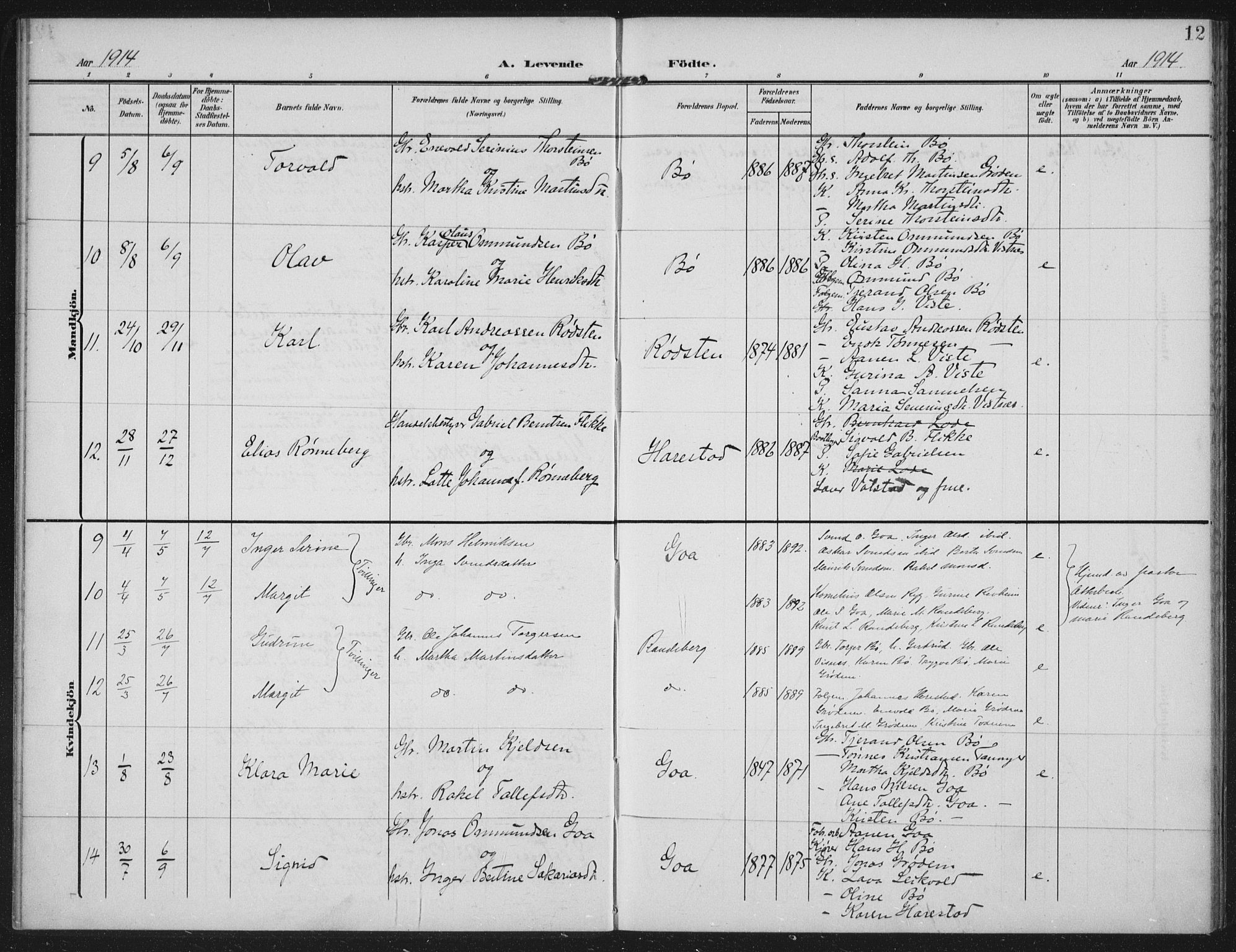 Hetland sokneprestkontor, AV/SAST-A-101826/30/30BA: Parish register (official) no. A 14, 1905-1919, p. 12