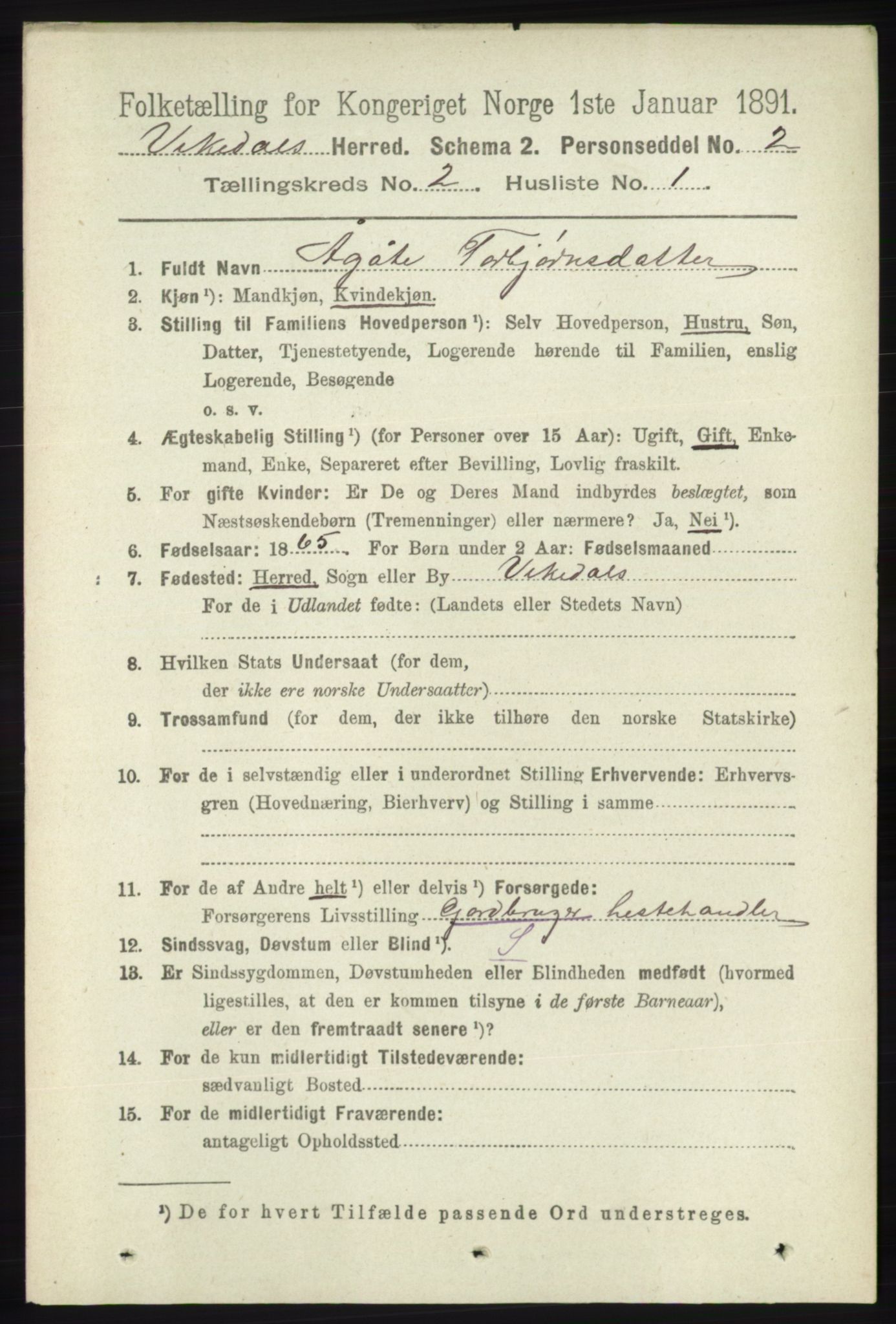 RA, 1891 census for 1157 Vikedal, 1891, p. 289