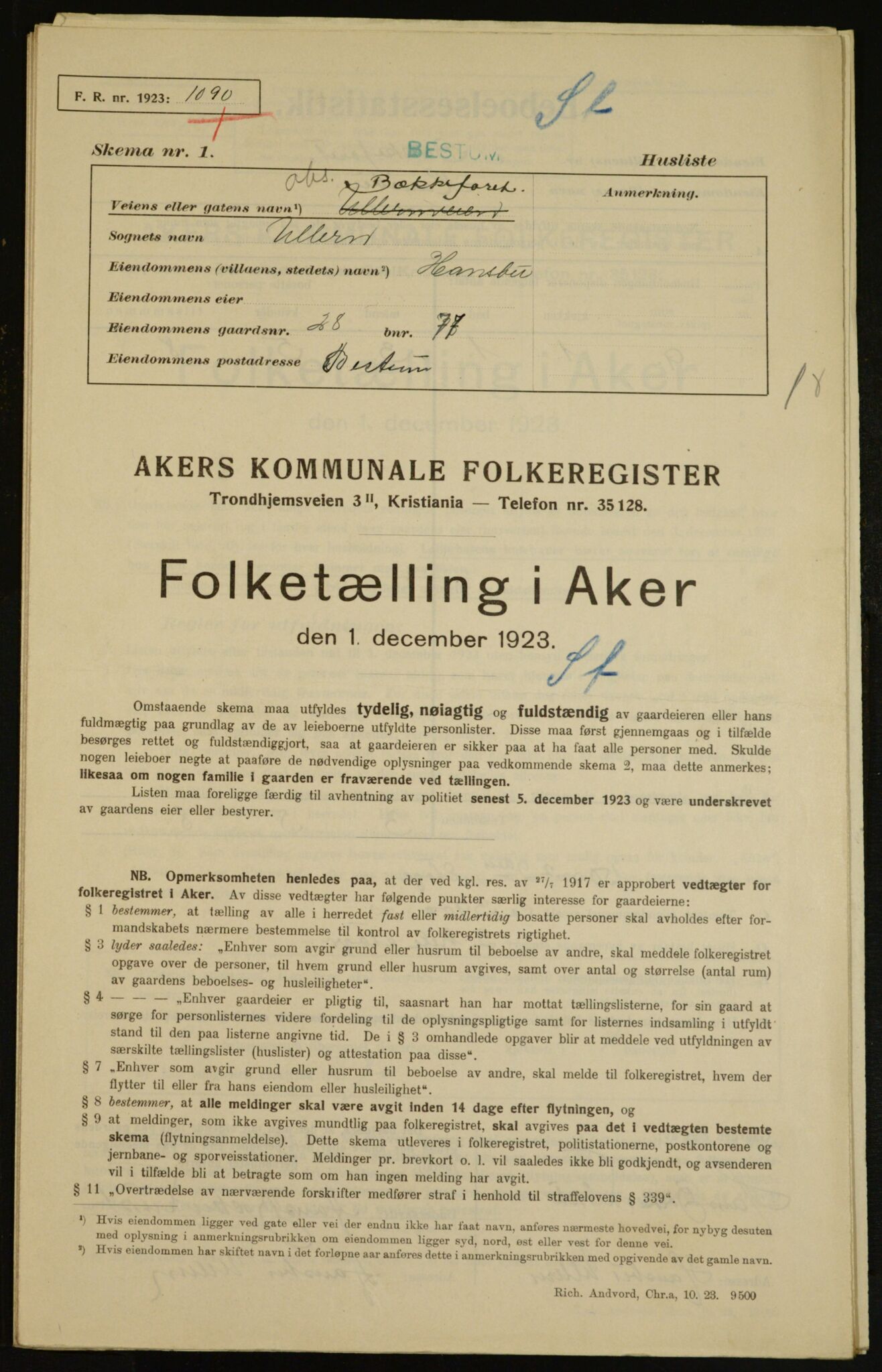 , Municipal Census 1923 for Aker, 1923, p. 6599