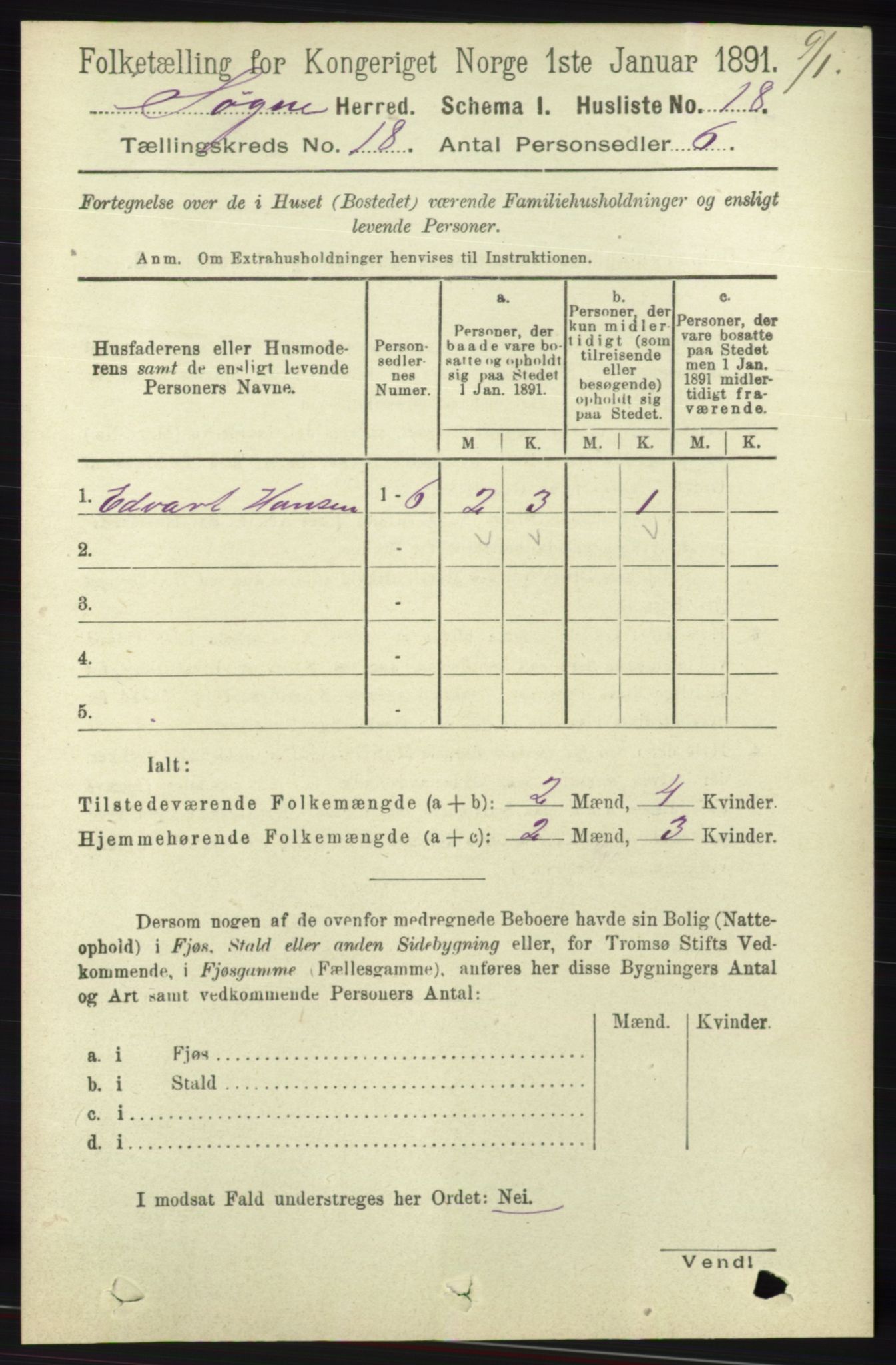 RA, 1891 census for 1018 Søgne, 1891, p. 4720