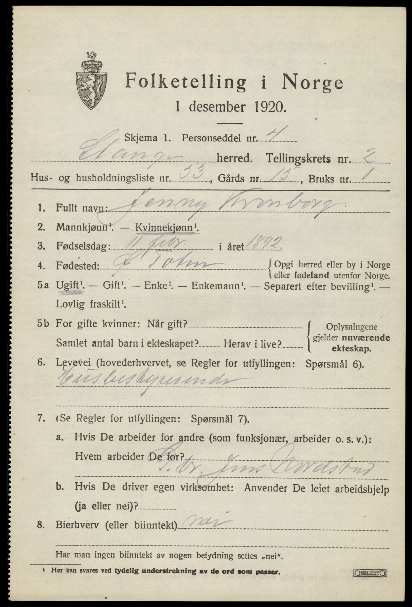 SAH, 1920 census for Stange, 1920, p. 4763