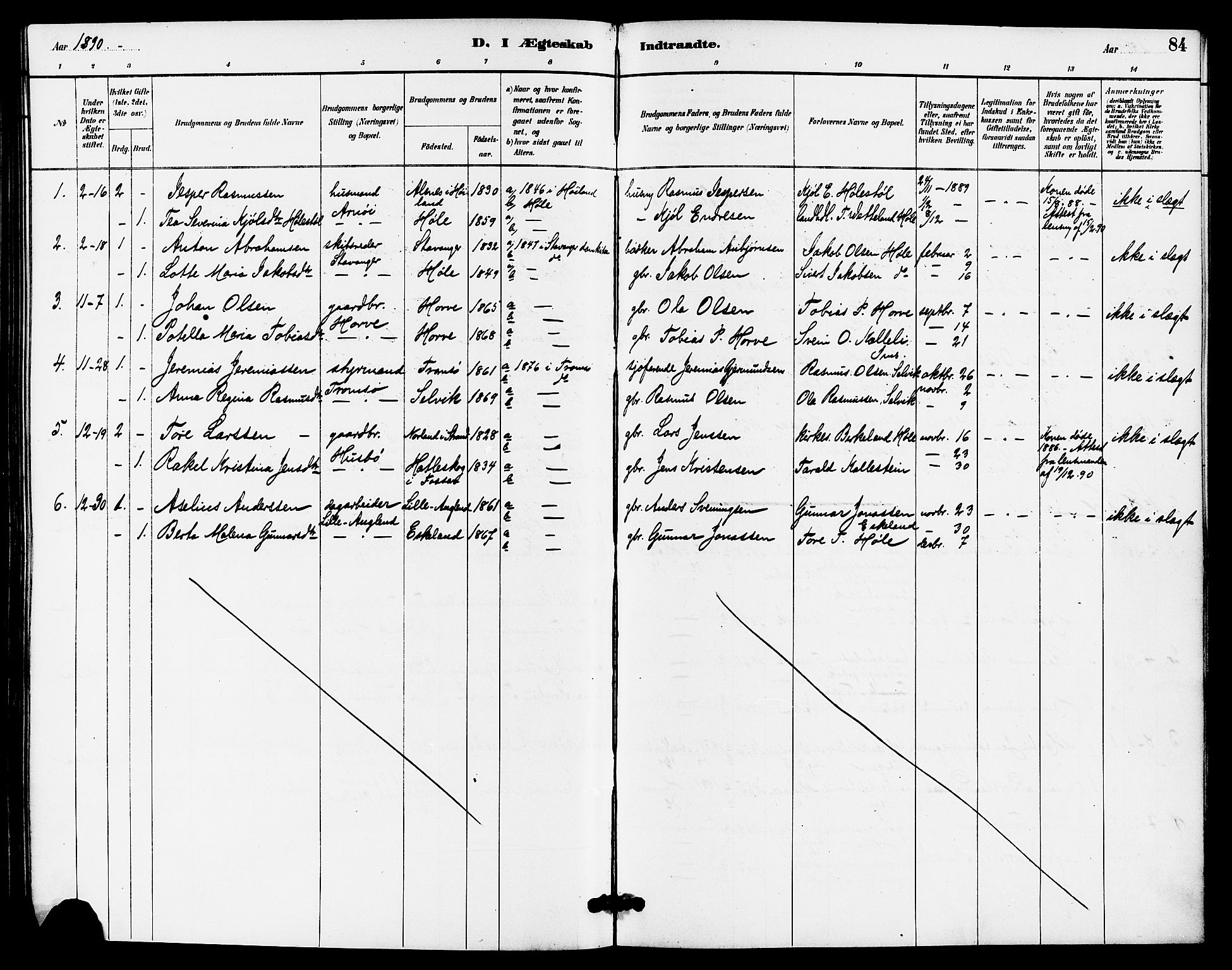 Høgsfjord sokneprestkontor, AV/SAST-A-101624/H/Ha/Haa/L0005: Parish register (official) no. A 5, 1885-1897, p. 84