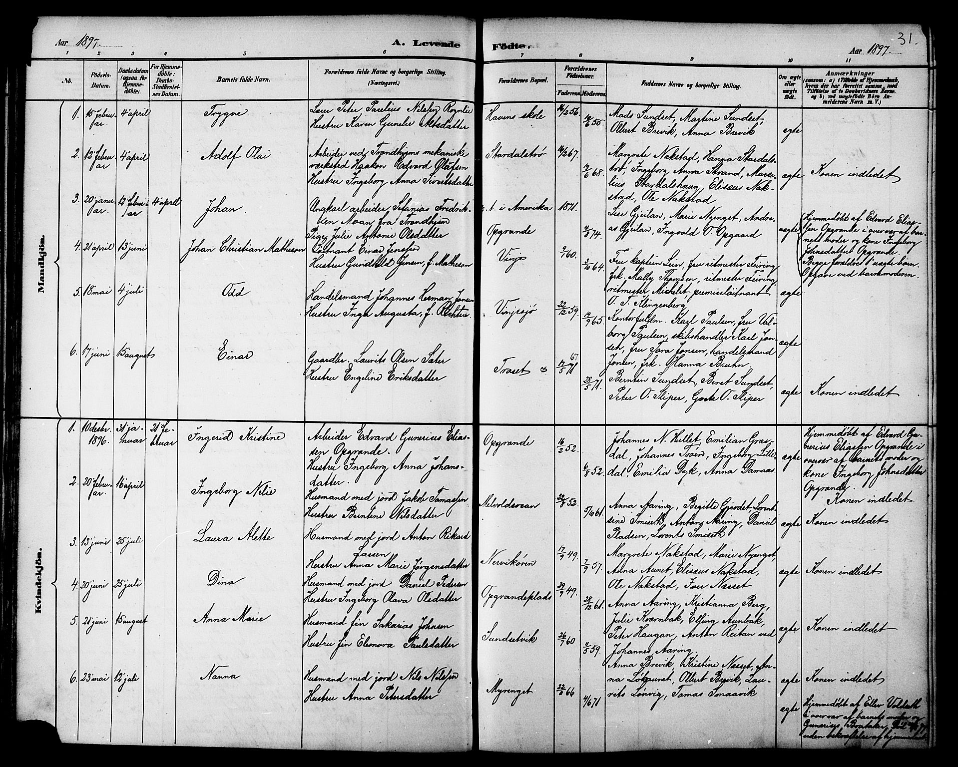 Ministerialprotokoller, klokkerbøker og fødselsregistre - Nord-Trøndelag, SAT/A-1458/733/L0327: Parish register (copy) no. 733C02, 1888-1918, p. 31