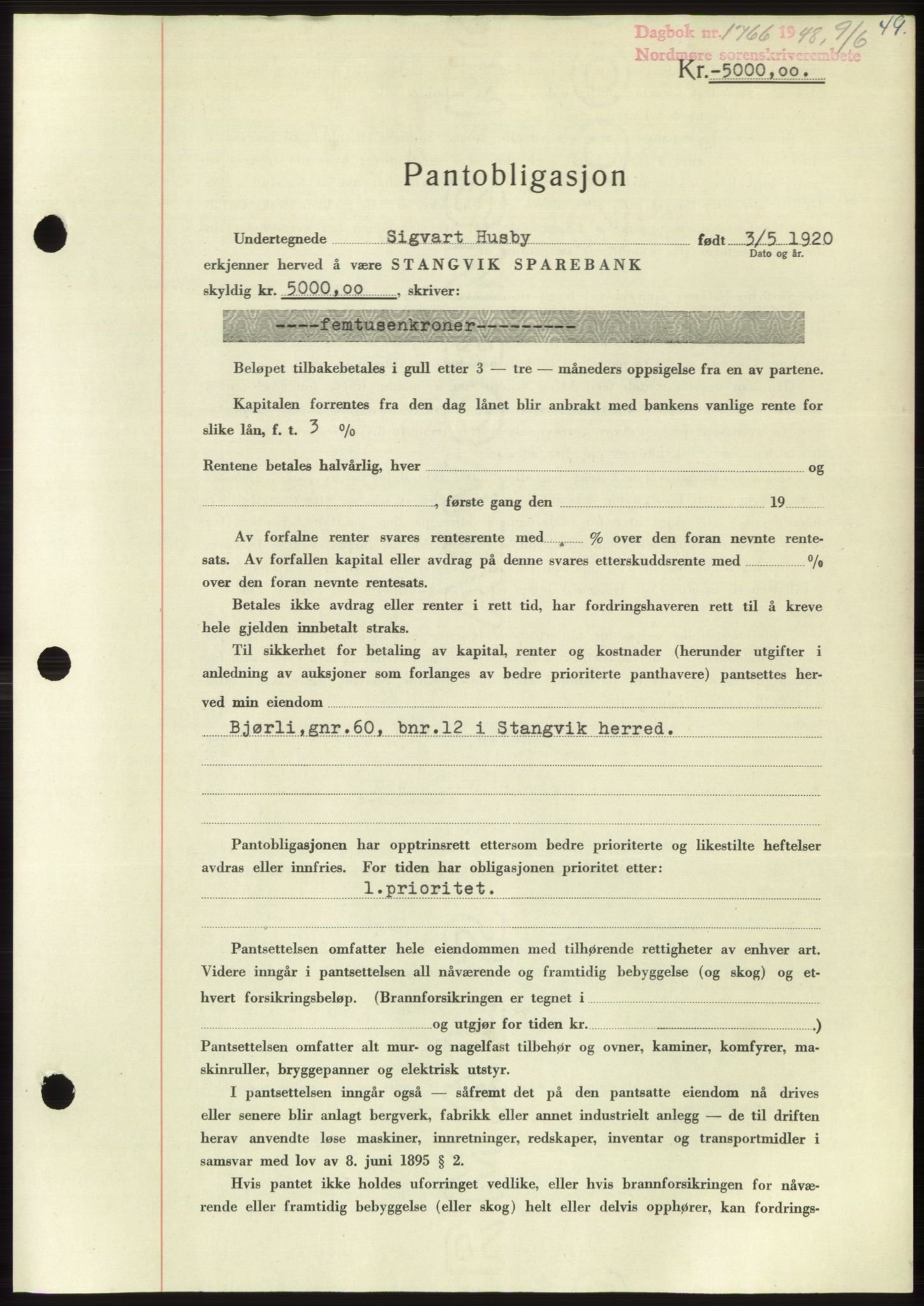 Nordmøre sorenskriveri, AV/SAT-A-4132/1/2/2Ca: Mortgage book no. B99, 1948-1948, Diary no: : 1766/1948