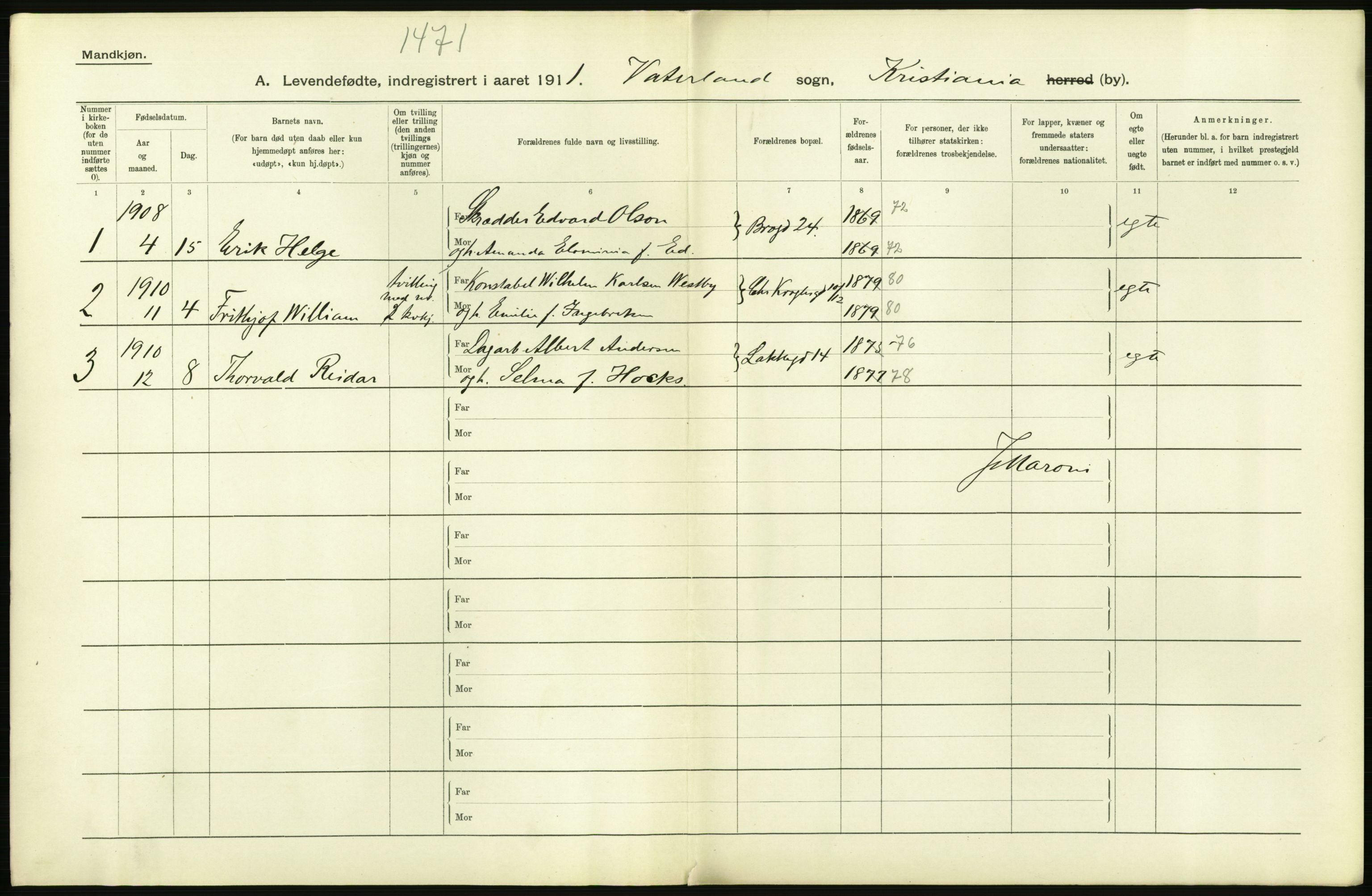 Statistisk sentralbyrå, Sosiodemografiske emner, Befolkning, AV/RA-S-2228/D/Df/Dfb/Dfba/L0006: Kristiania: Levendefødte menn., 1911, p. 572