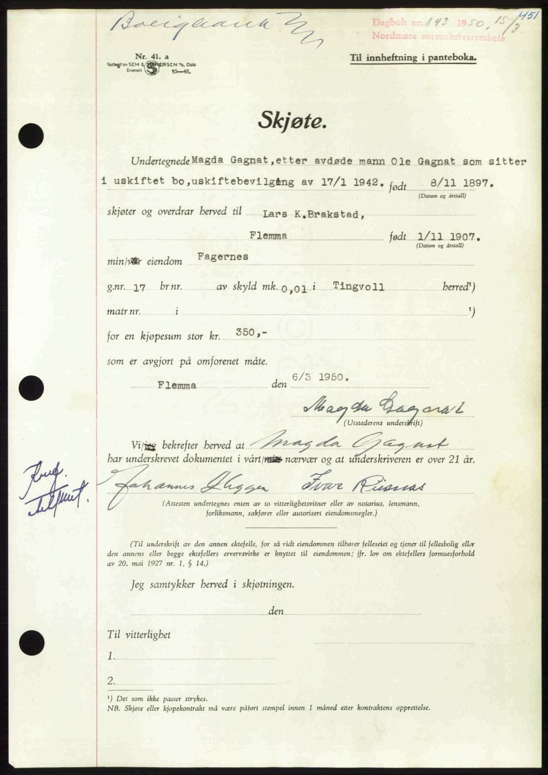 Nordmøre sorenskriveri, AV/SAT-A-4132/1/2/2Ca: Mortgage book no. A114, 1950-1950, Diary no: : 843/1950