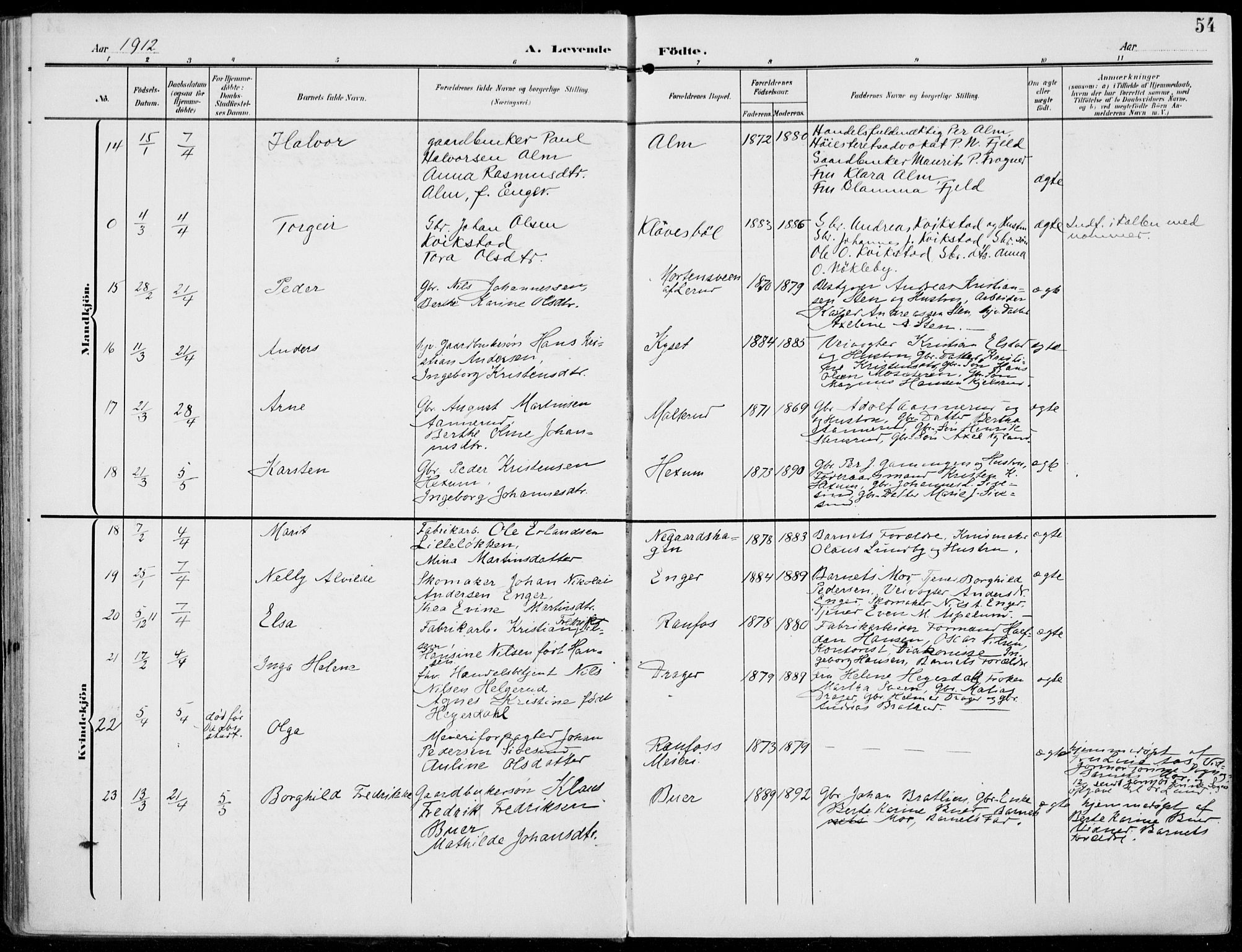 Vestre Toten prestekontor, AV/SAH-PREST-108/H/Ha/Haa/L0014: Parish register (official) no. 14, 1907-1920, p. 54