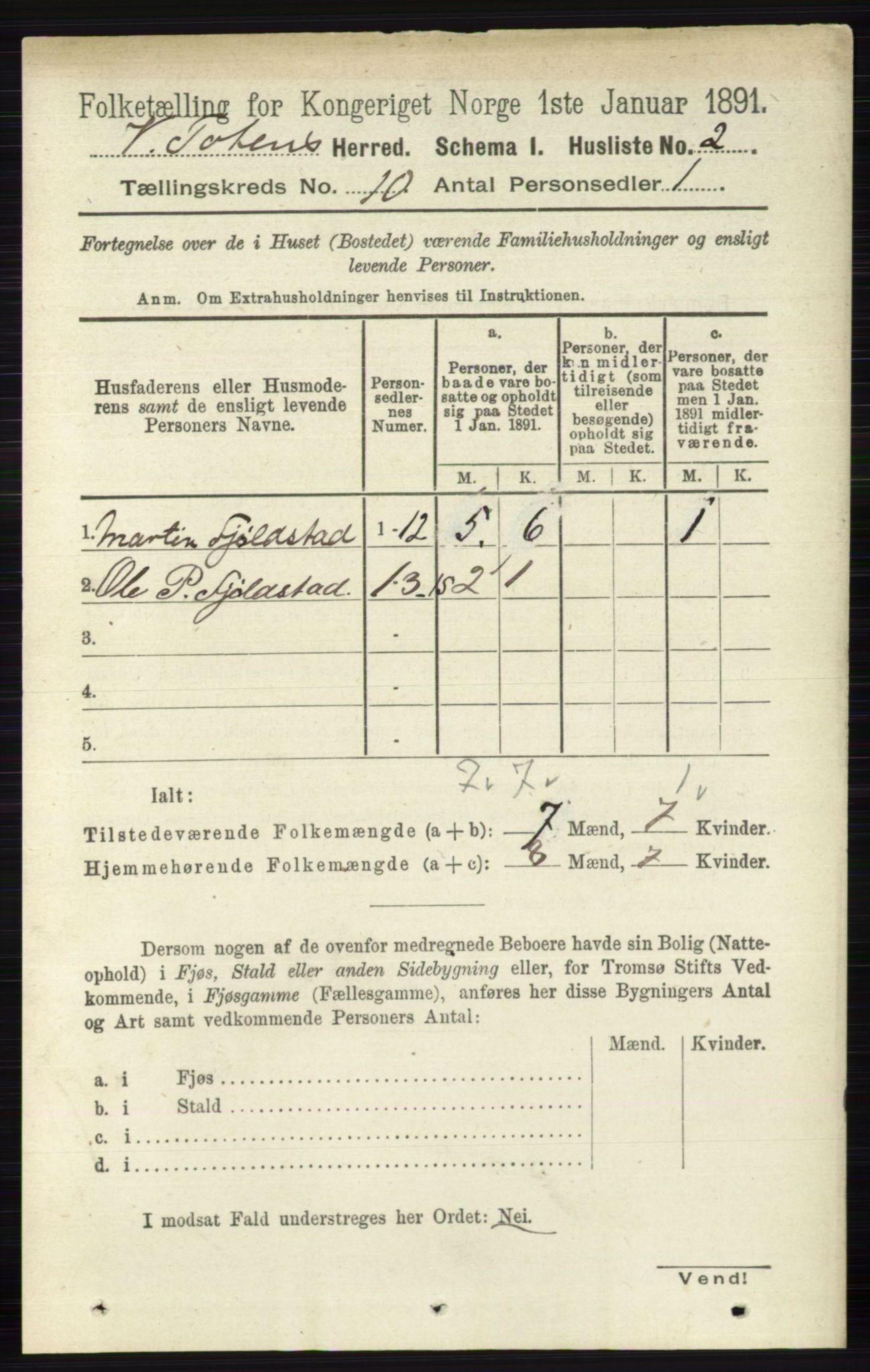 RA, 1891 census for 0529 Vestre Toten, 1891, p. 6109