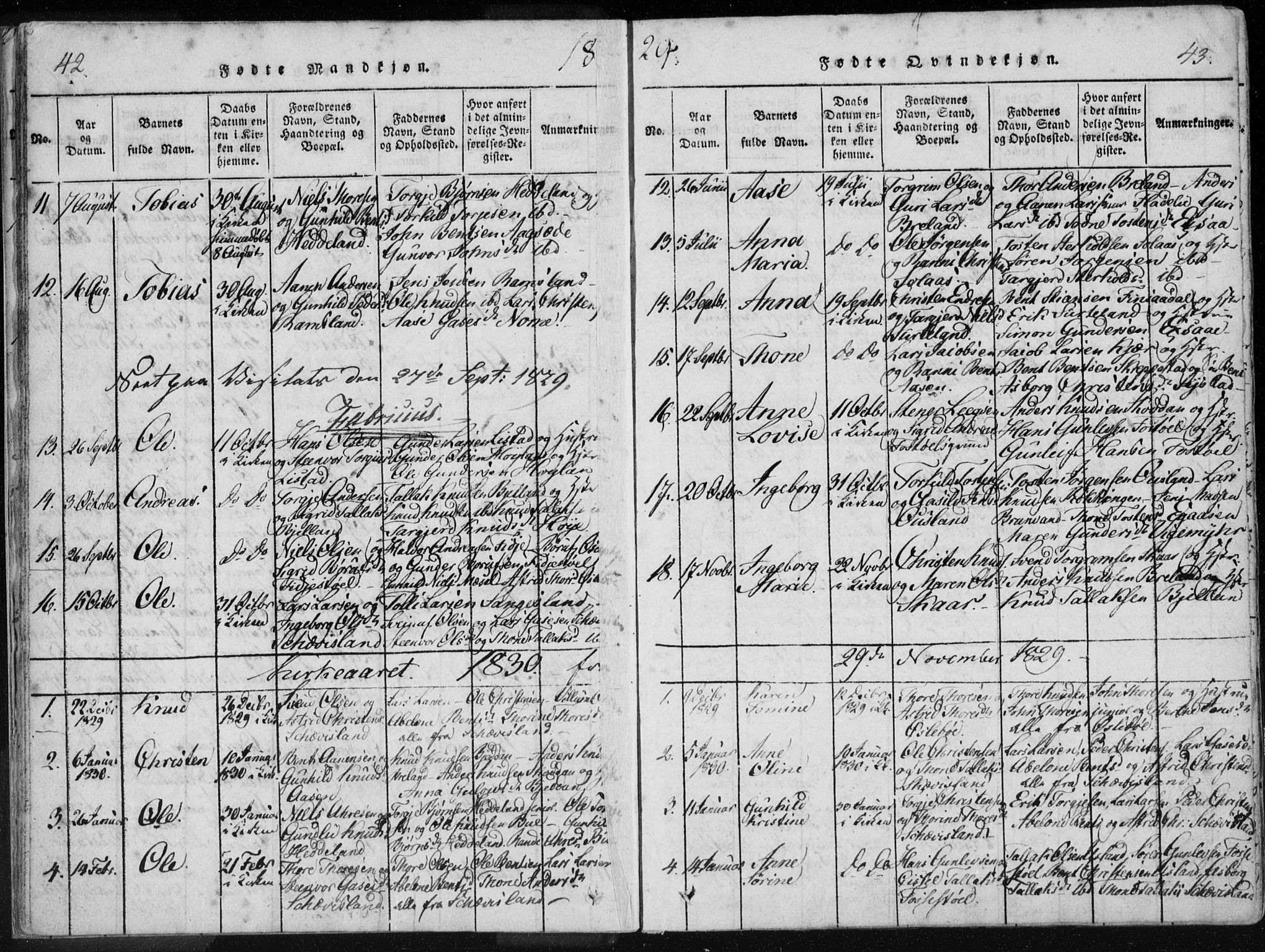 Holum sokneprestkontor, AV/SAK-1111-0022/F/Fa/Fac/L0002: Parish register (official) no. A 2, 1821-1859, p. 42-43