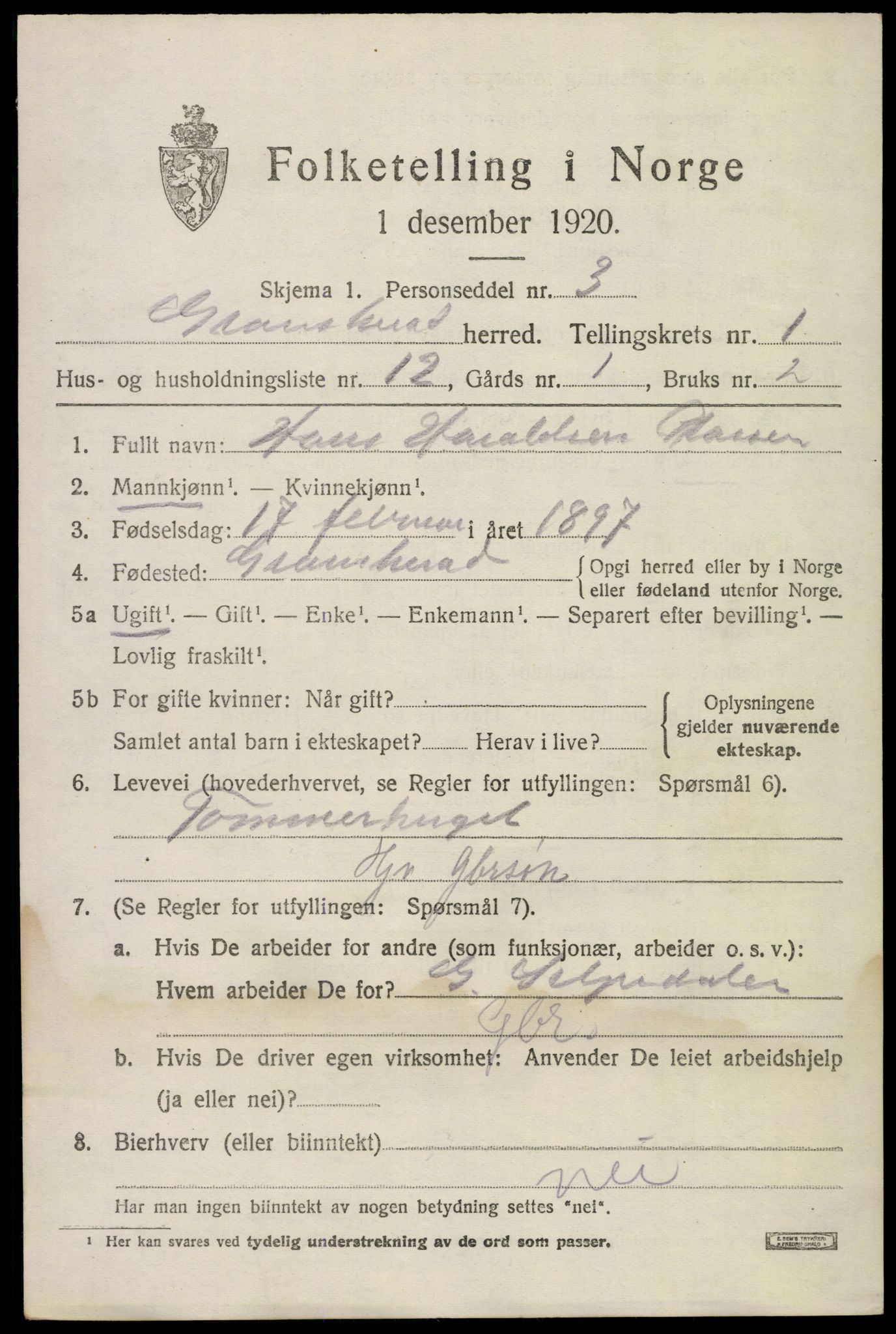 SAKO, 1920 census for Gransherad, 1920, p. 650