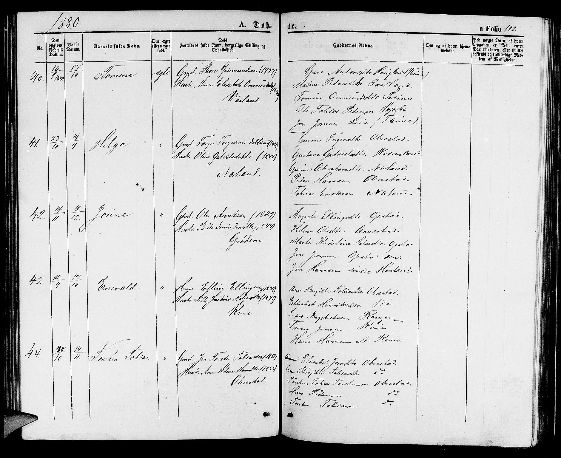 Hå sokneprestkontor, AV/SAST-A-101801/001/30BB/L0001: Parish register (copy) no. B 1, 1854-1883, p. 142