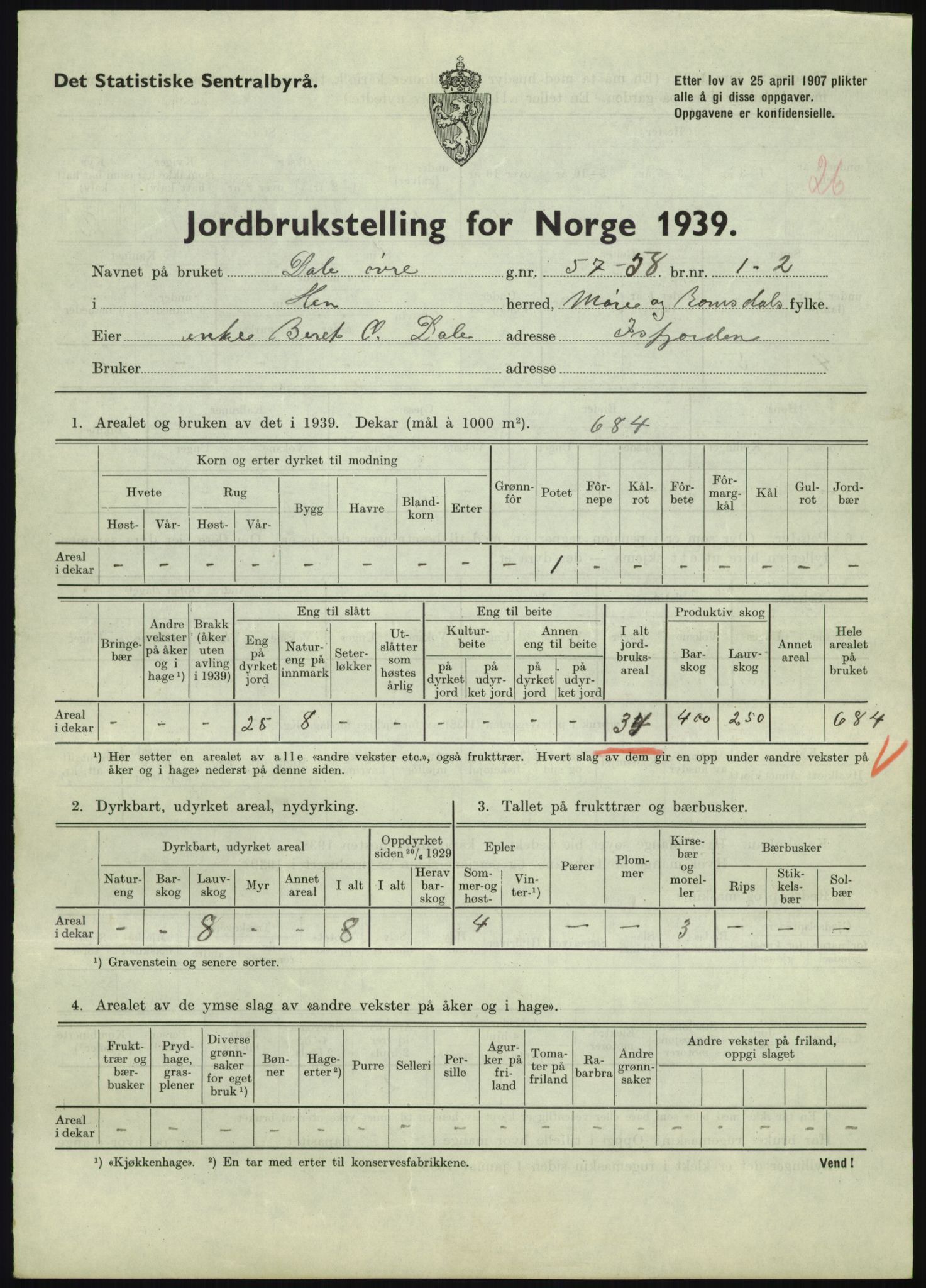 Statistisk sentralbyrå, Næringsøkonomiske emner, Jordbruk, skogbruk, jakt, fiske og fangst, AV/RA-S-2234/G/Gb/L0251: Møre og Romsdal: Voll, Eid, Grytten og Hen, 1939, p. 1185