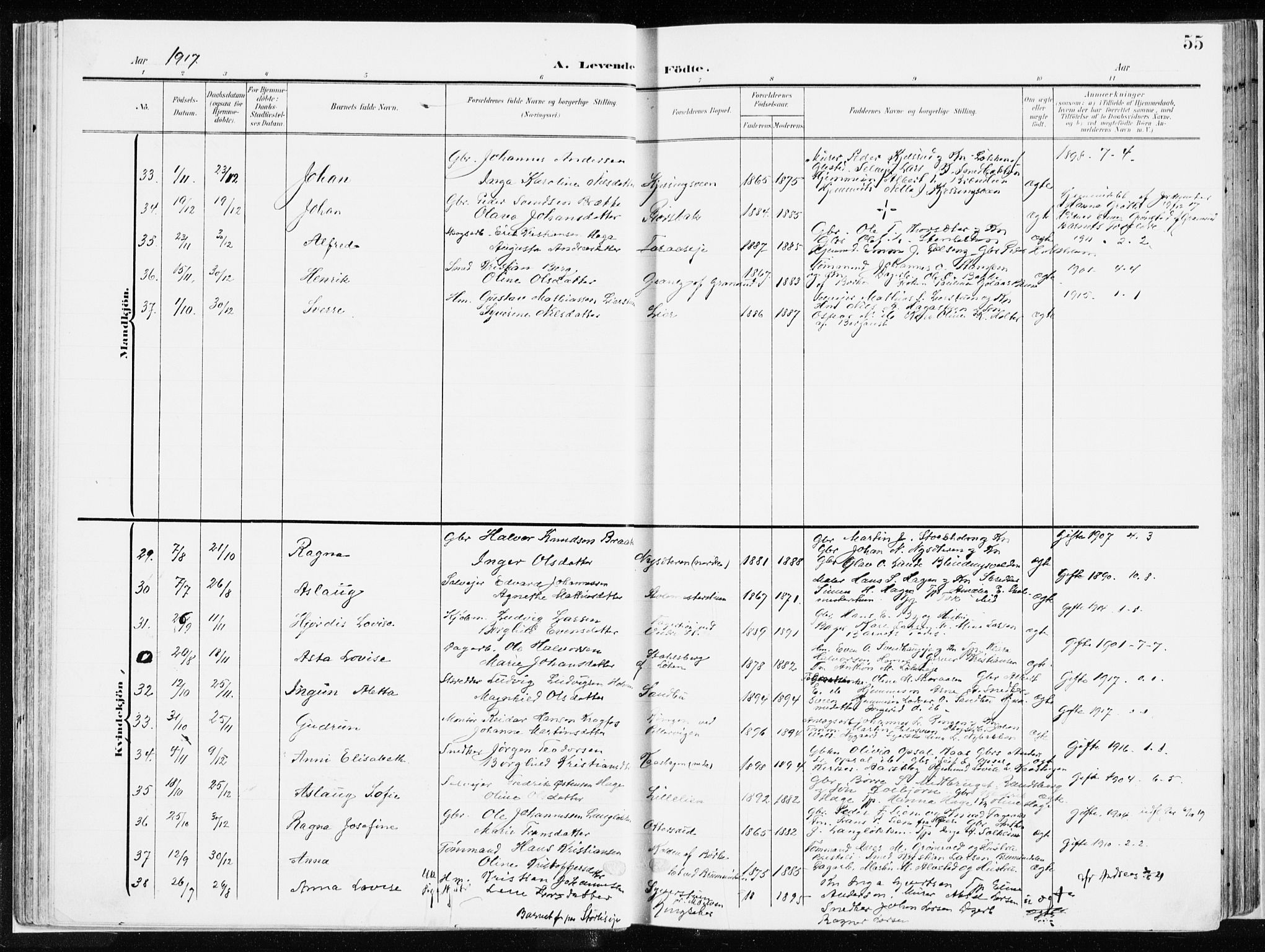 Ringsaker prestekontor, AV/SAH-PREST-014/K/Ka/L0019: Parish register (official) no. 19, 1905-1920, p. 55