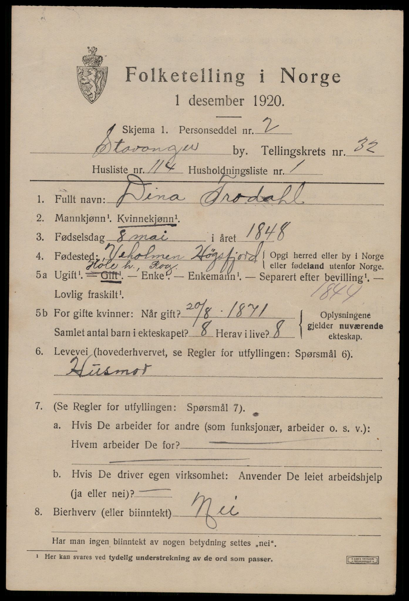 SAST, 1920 census for Stavanger, 1920, p. 90694