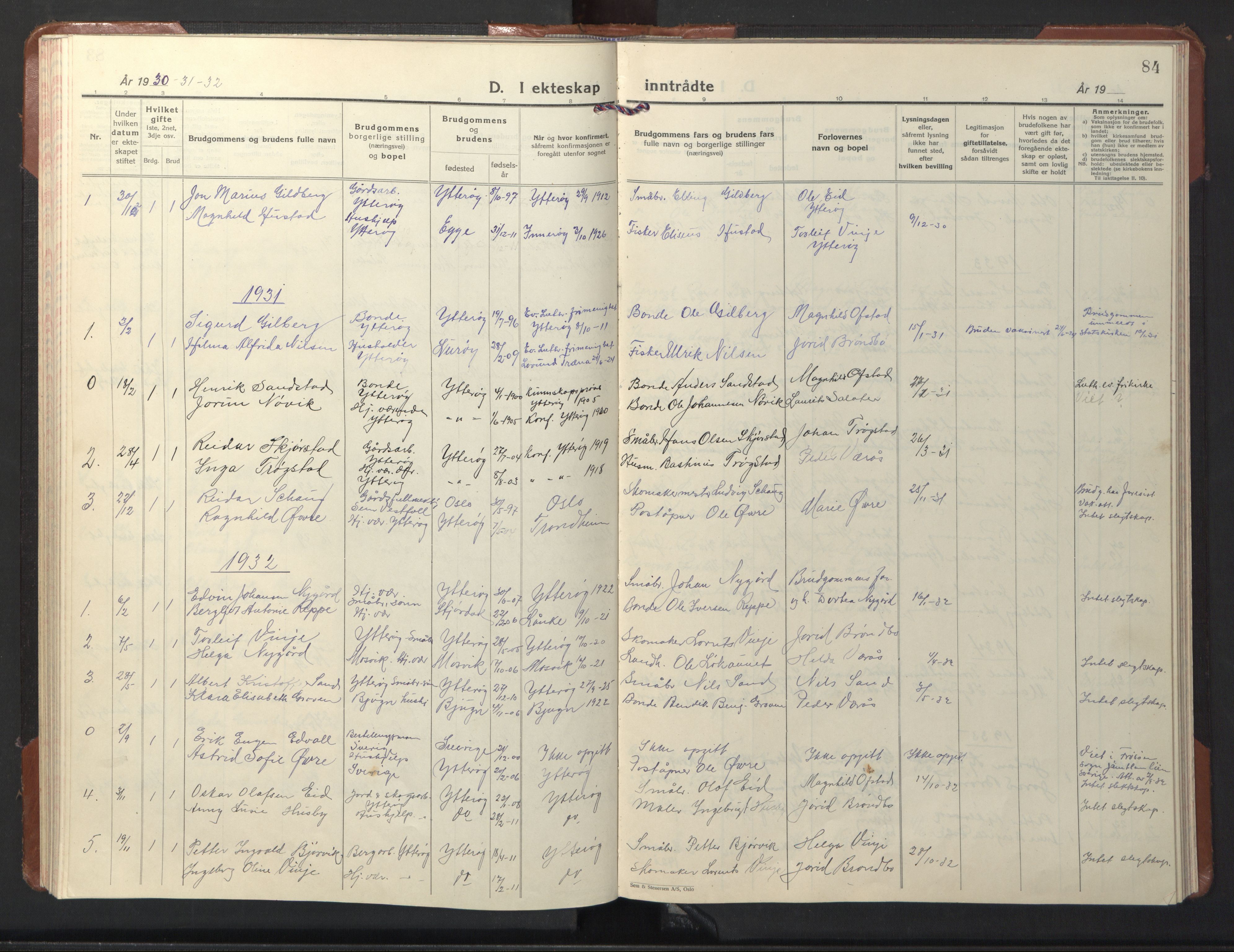 Ministerialprotokoller, klokkerbøker og fødselsregistre - Nord-Trøndelag, SAT/A-1458/722/L0227: Parish register (copy) no. 722C03, 1928-1958, p. 84