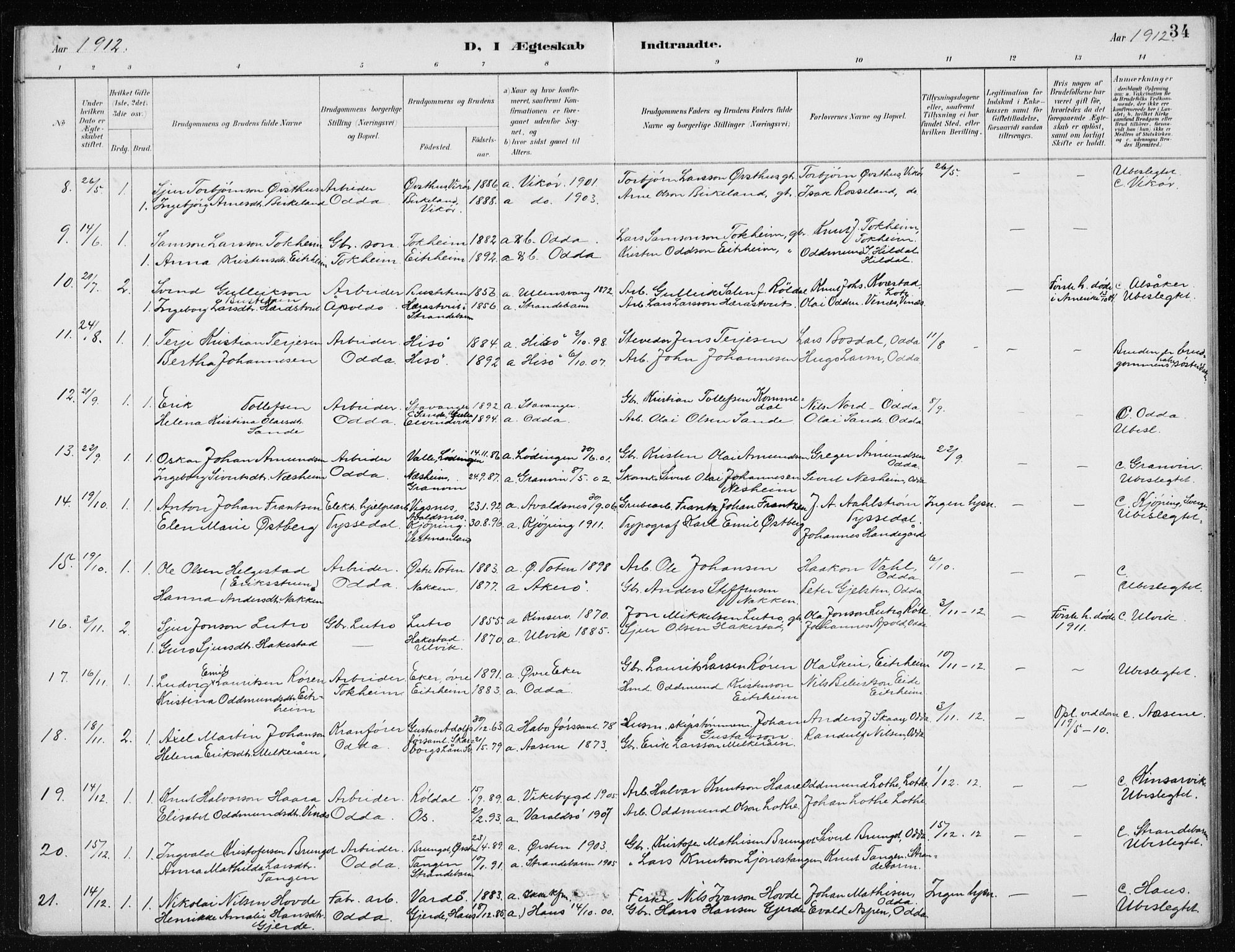 Odda Sokneprestembete, SAB/A-77201/H/Haa: Parish register (official) no. D 1, 1887-1914, p. 34