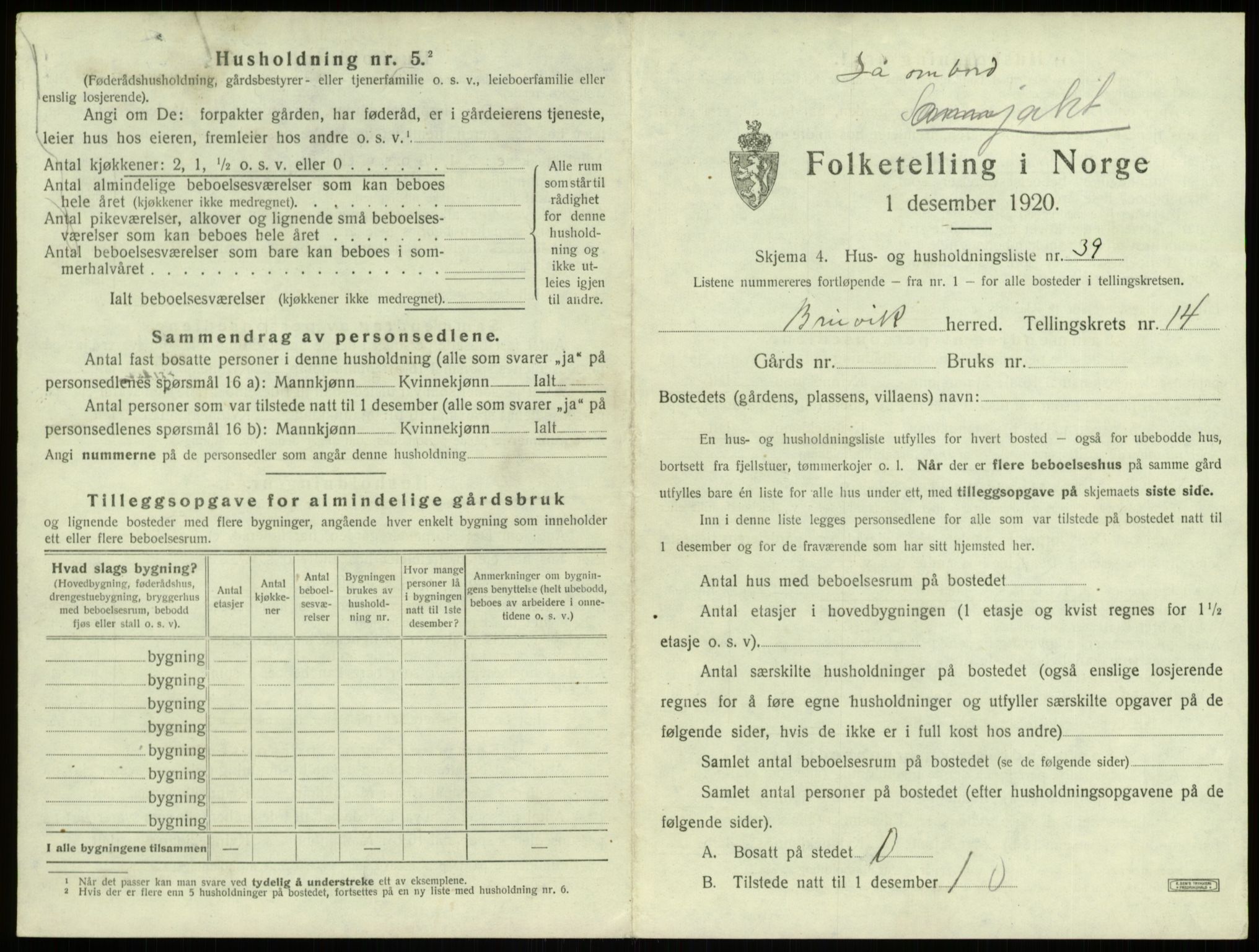 SAB, 1920 census for Bruvik, 1920, p. 1016