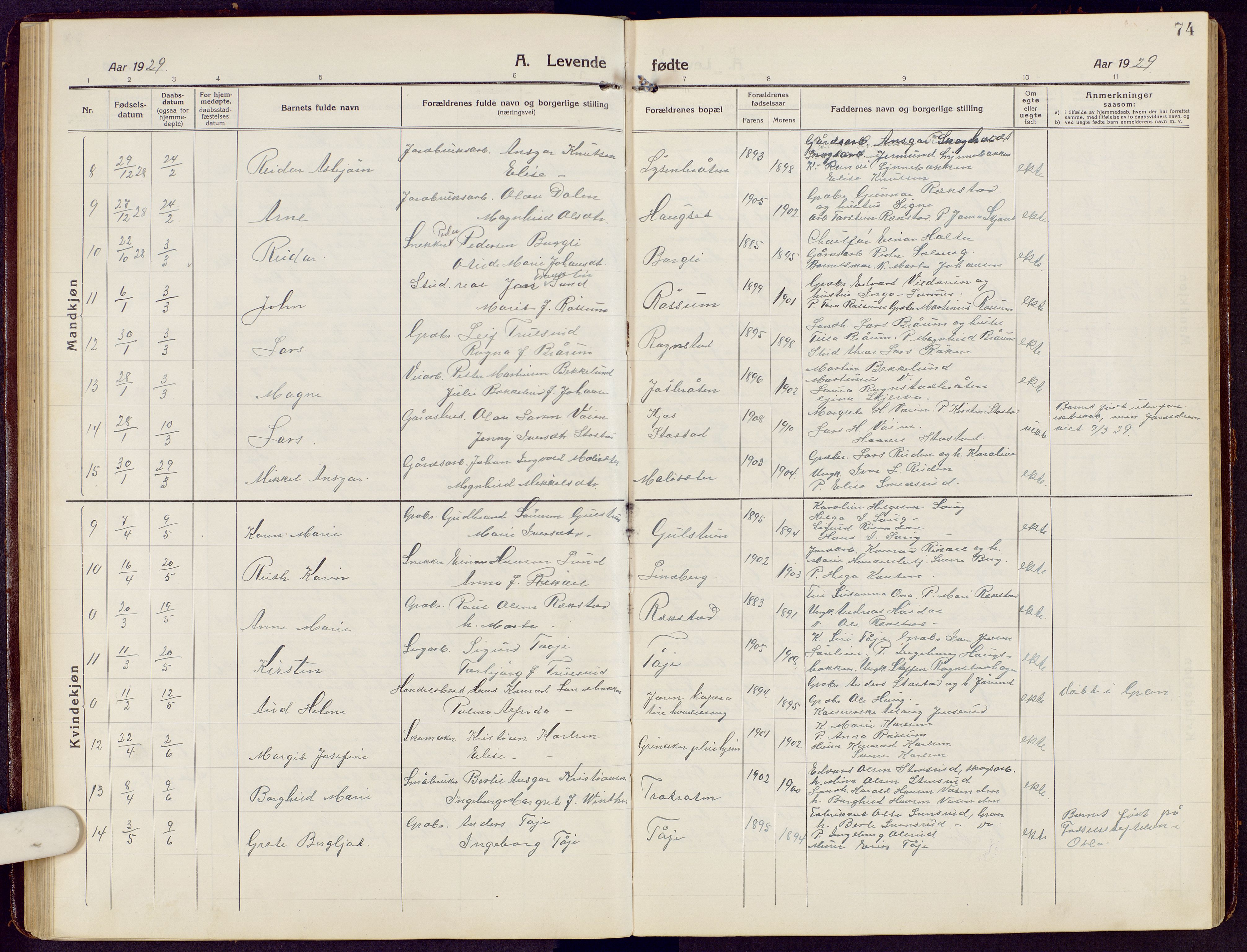 Brandbu prestekontor, AV/SAH-PREST-114/H/Ha/Hab/L0010: Parish register (copy) no. 10, 1916-1930, p. 74