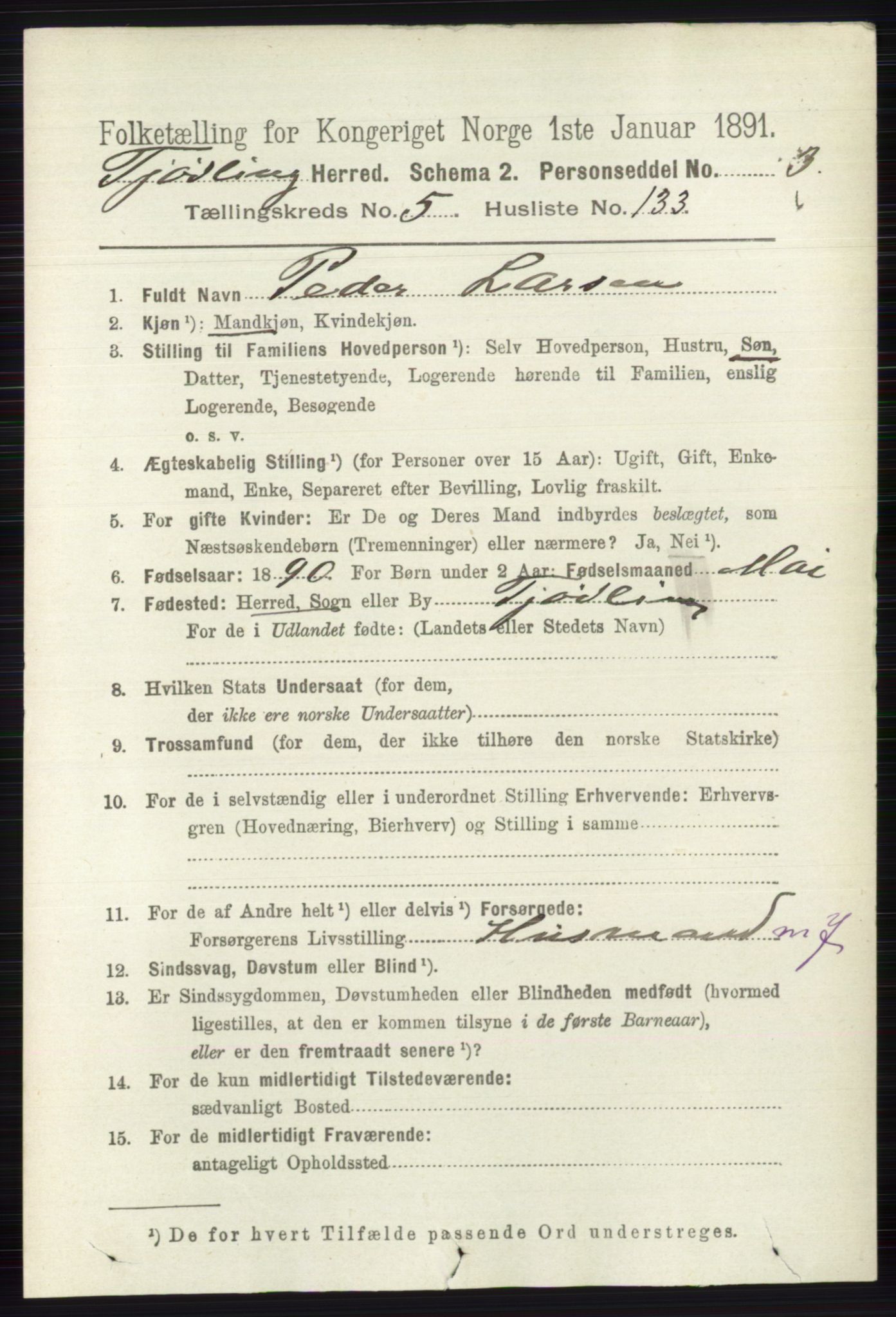 RA, 1891 census for 0725 Tjølling, 1891, p. 2786