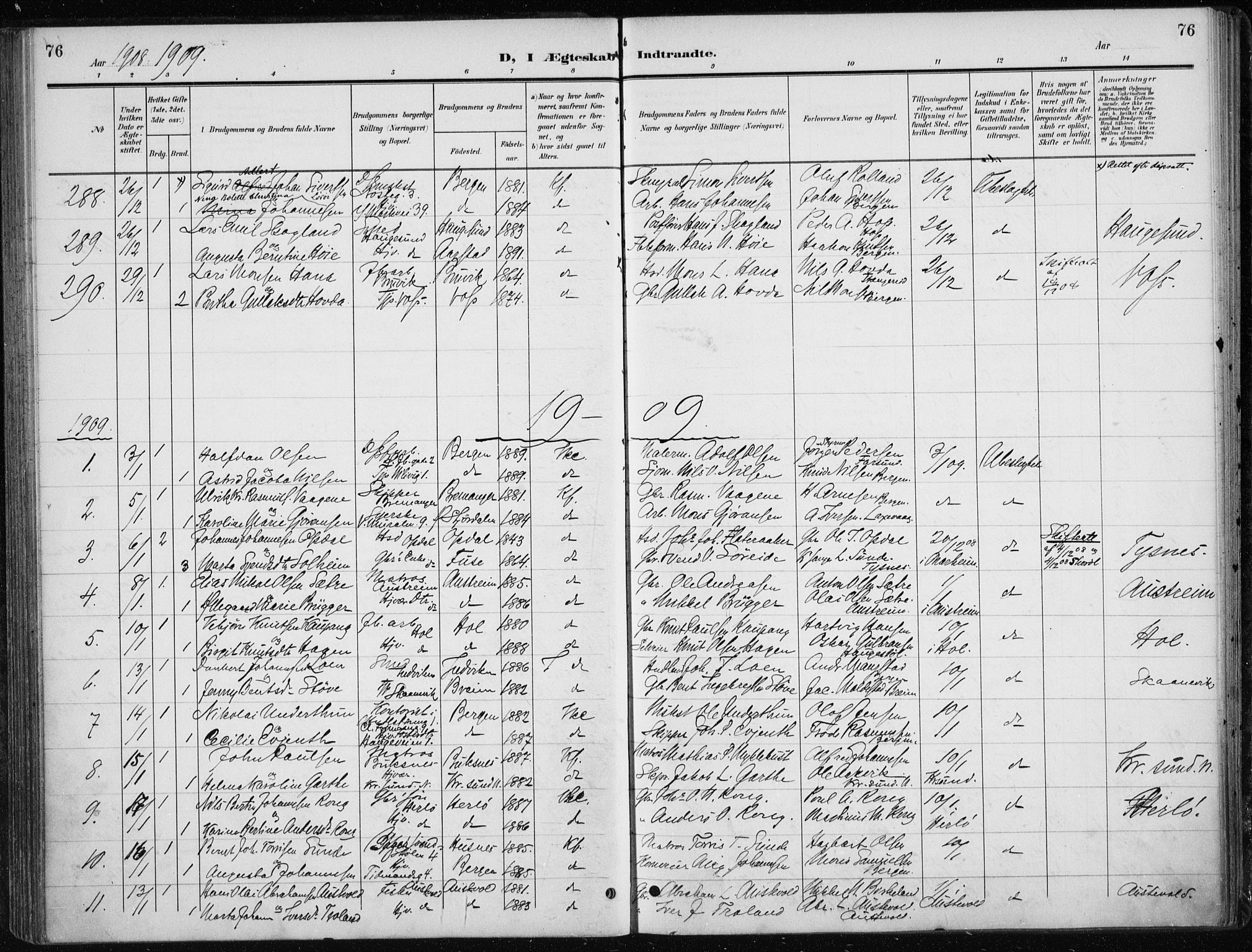 Nykirken Sokneprestembete, AV/SAB-A-77101/H/Haa/L0035: Parish register (official) no. D 5, 1905-1913, p. 76