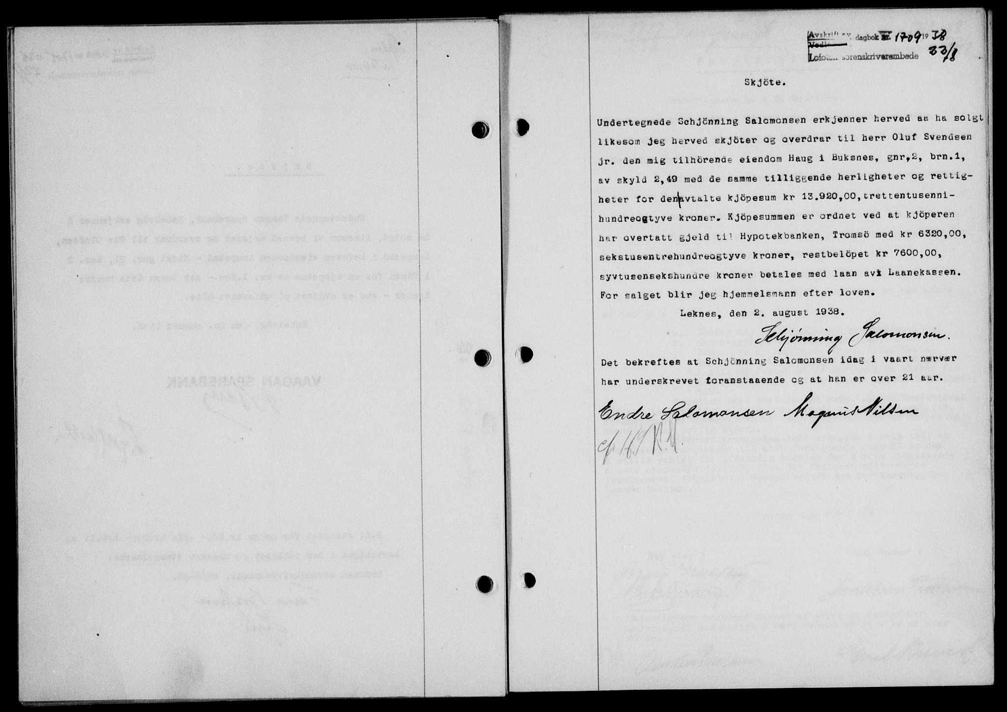 Lofoten sorenskriveri, SAT/A-0017/1/2/2C/L0004a: Mortgage book no. 4a, 1938-1938, Diary no: : 1709/1938