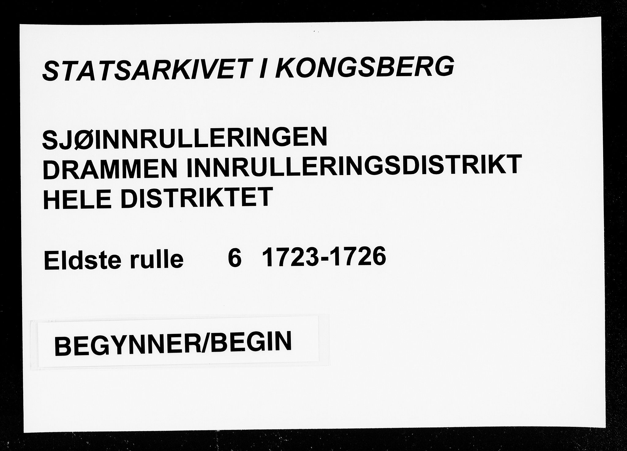 Drammen innrulleringsdistrikt, AV/SAKO-A-781/F/Fa/L0005/0002: Ruller / Ekstrarulle (reserverulle) over sjøfolk i Bragernes distrikt som har blitt innrullert, 1723-1726, p. 1